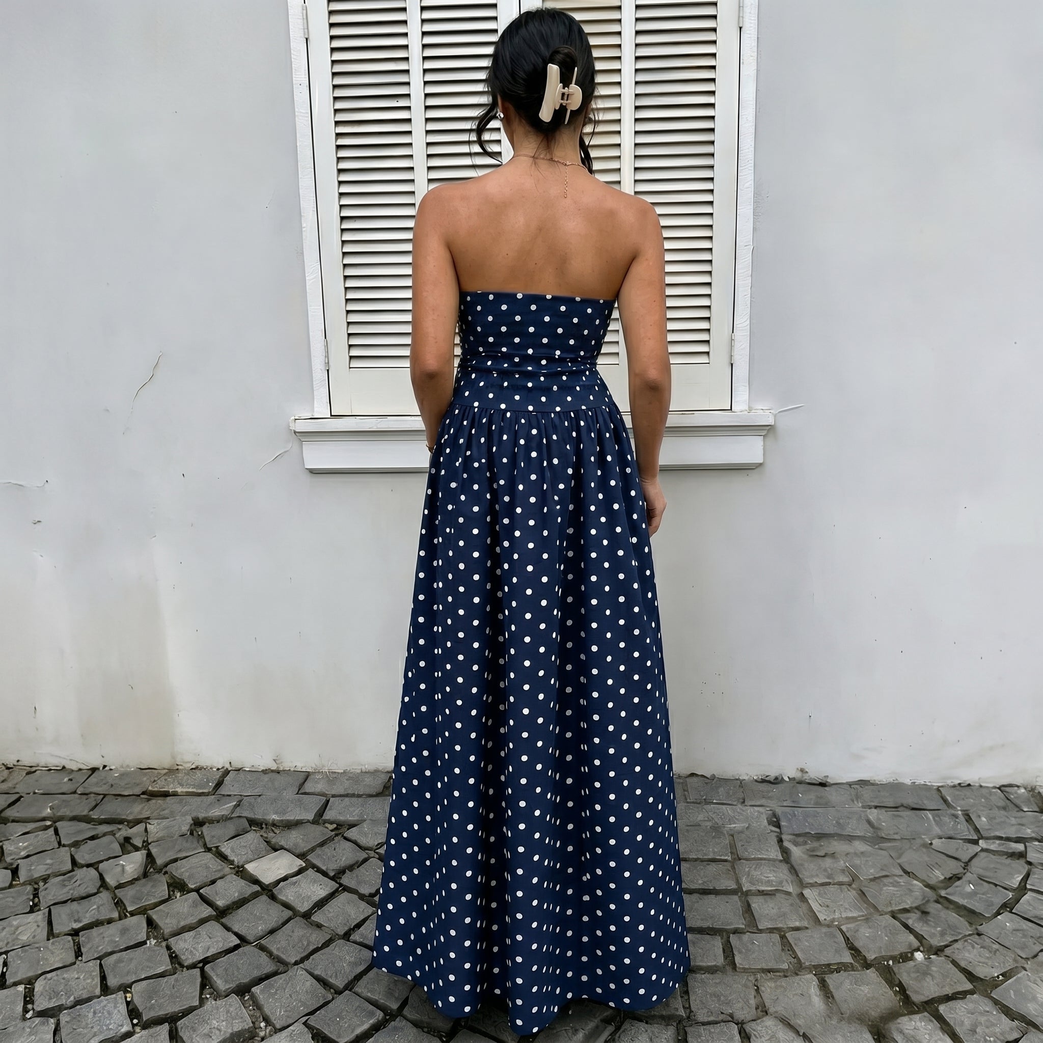 Lorelei - Women's Summer Polka Dot Strapless Maxi Dress - Dresses - Blue - Davies & Cooper