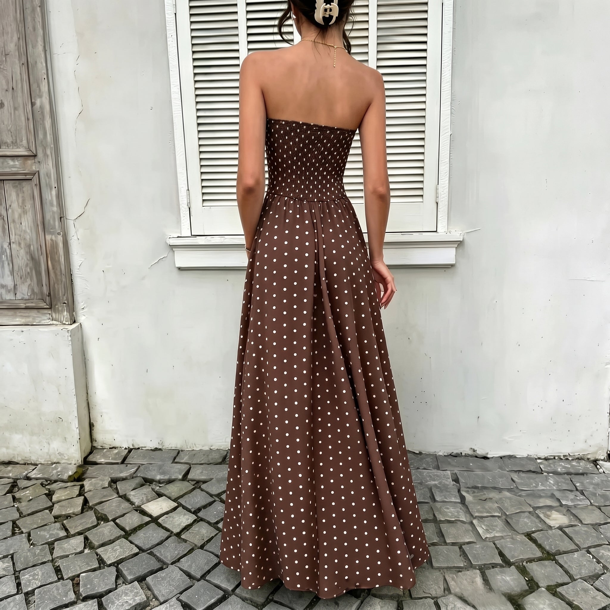 Lorelei - Women's Summer Polka Dot Strapless Maxi Dress - Dresses - Brown - Davies & Cooper