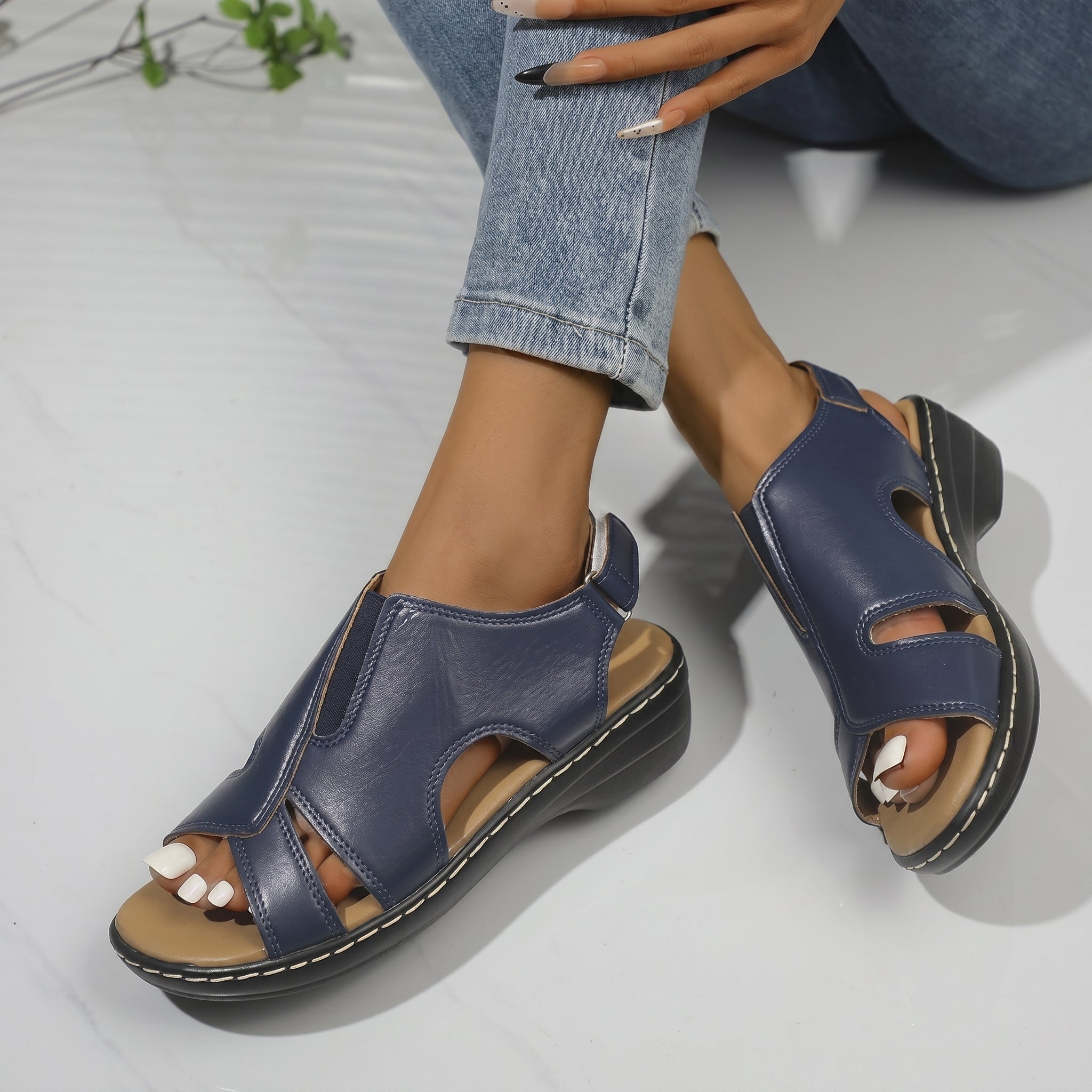 Louise - Women's Orthopaedic Cut-Out Wedge Sandals - Sandals - Navy - Davies & Cooper