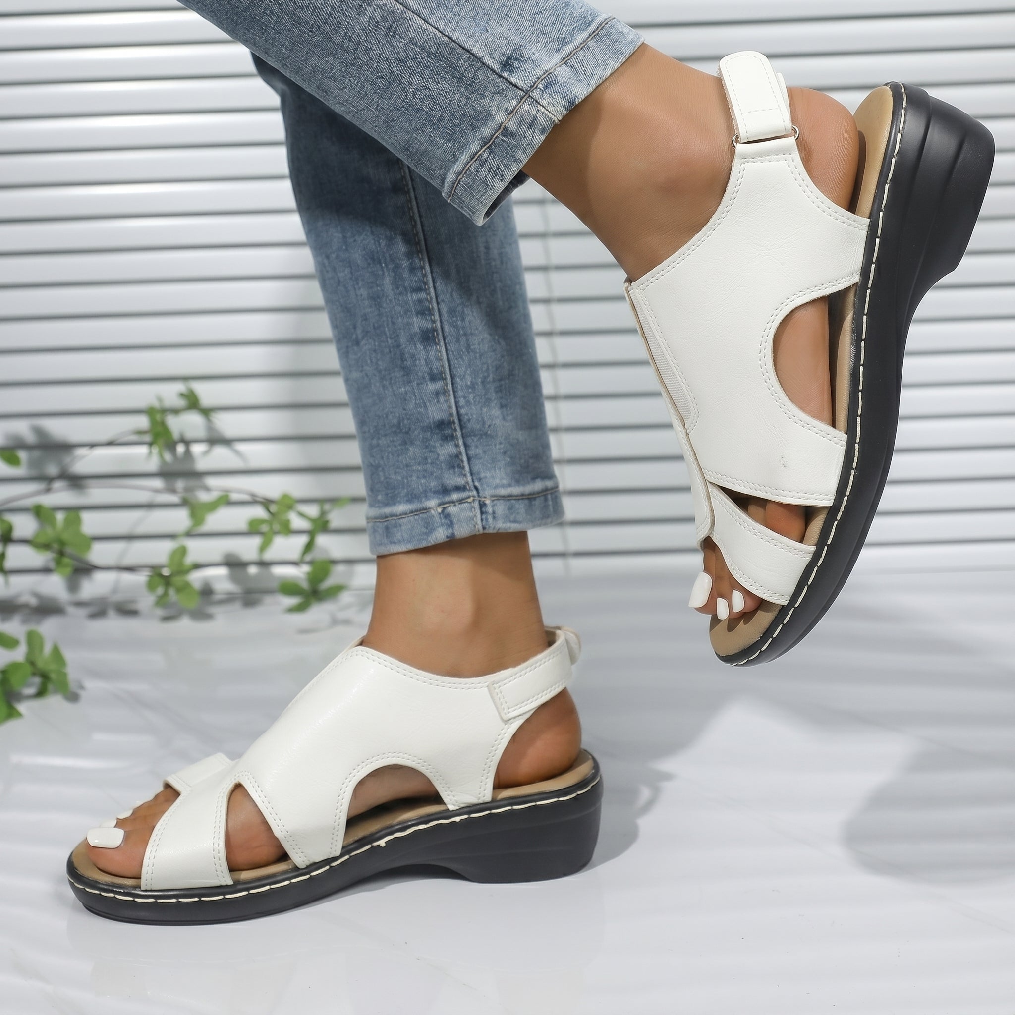 Louise - Women's Orthopaedic Cut-Out Wedge Sandals - Sandals - White - Davies & Cooper