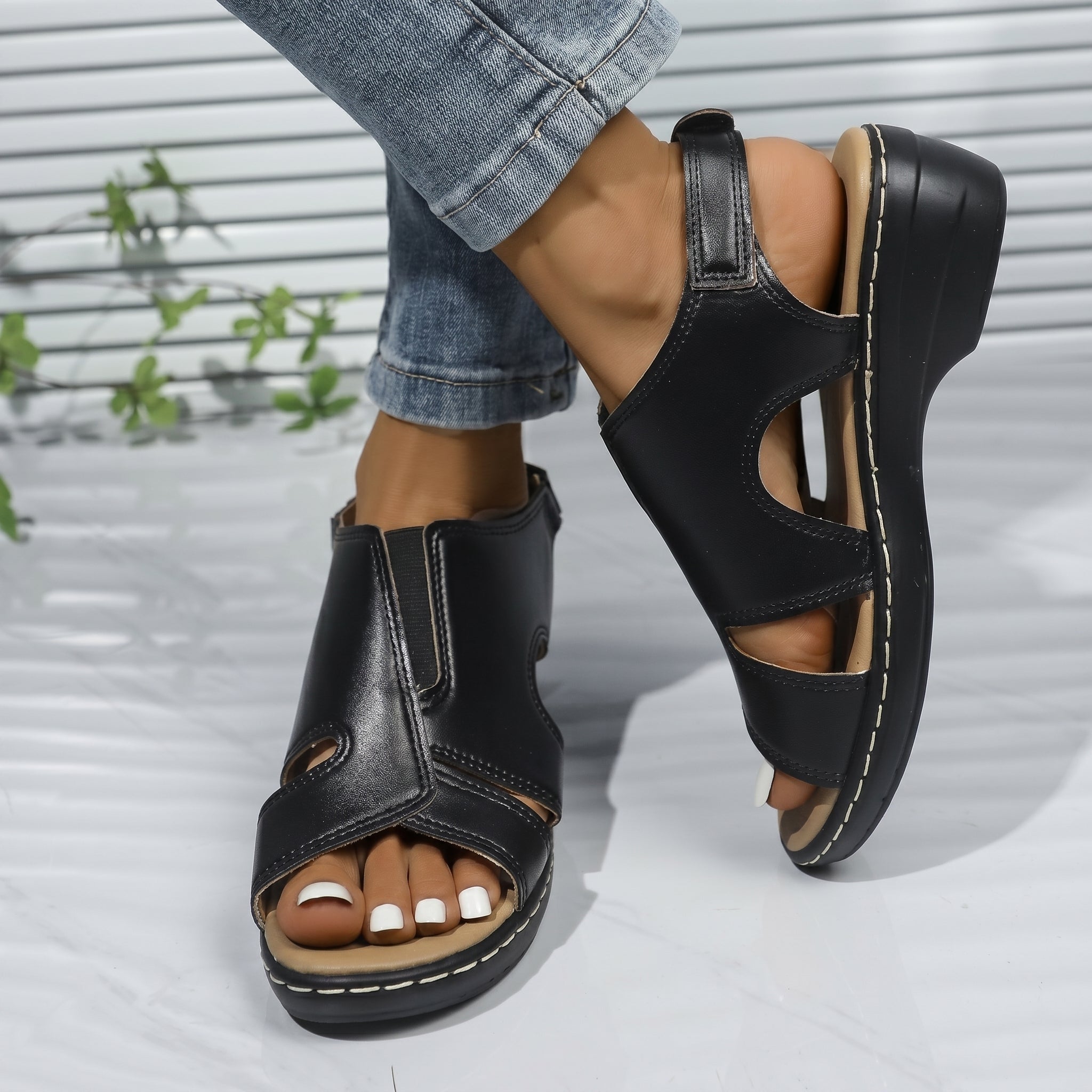 Louise - Women's Orthopaedic Cut-Out Wedge Sandals - Sandals - Black - Davies & Cooper