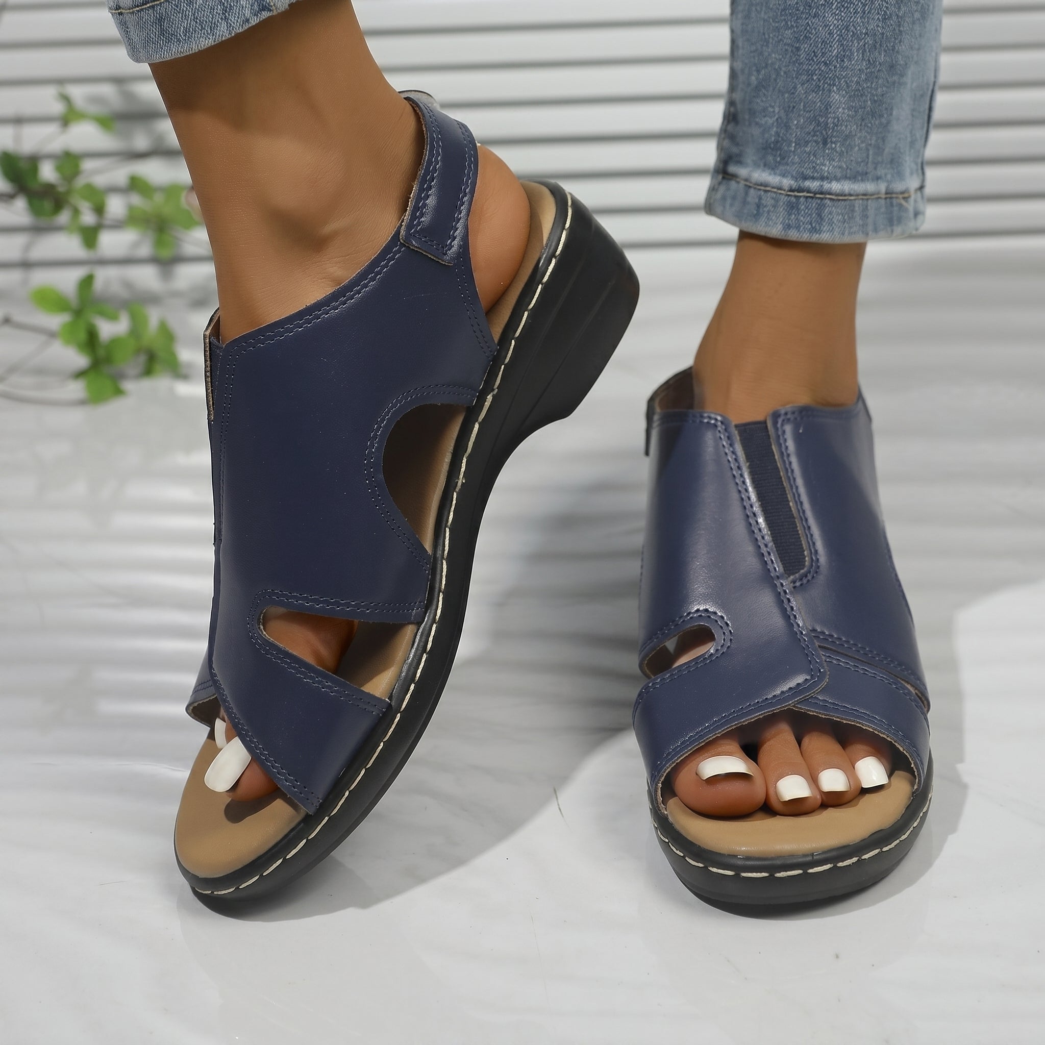Louise - Women's Orthopaedic Cut-Out Wedge Sandals - Sandals - Navy - Davies & Cooper