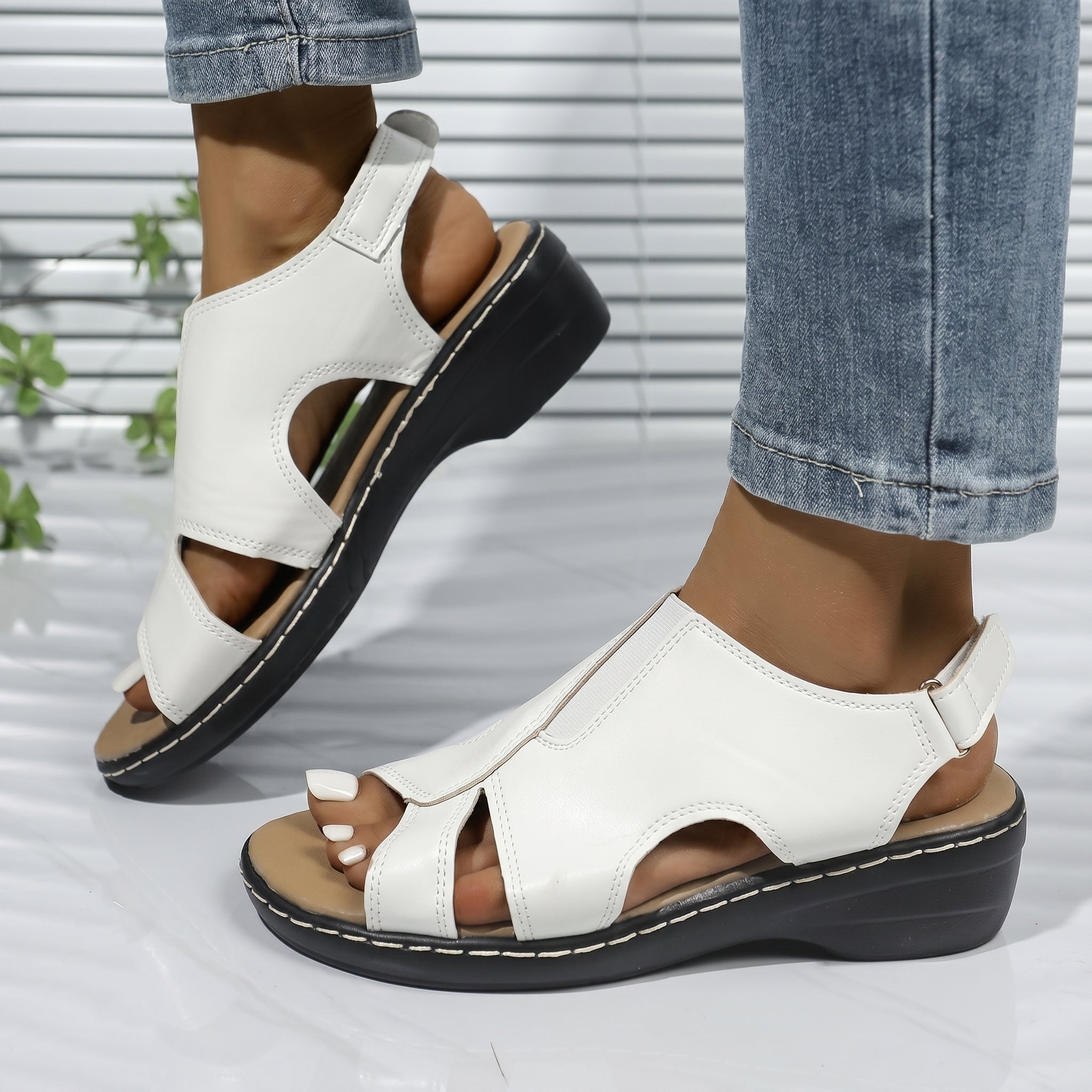 Louise - Women's Orthopaedic Cut-Out Wedge Sandals - Sandals - White - Davies & Cooper