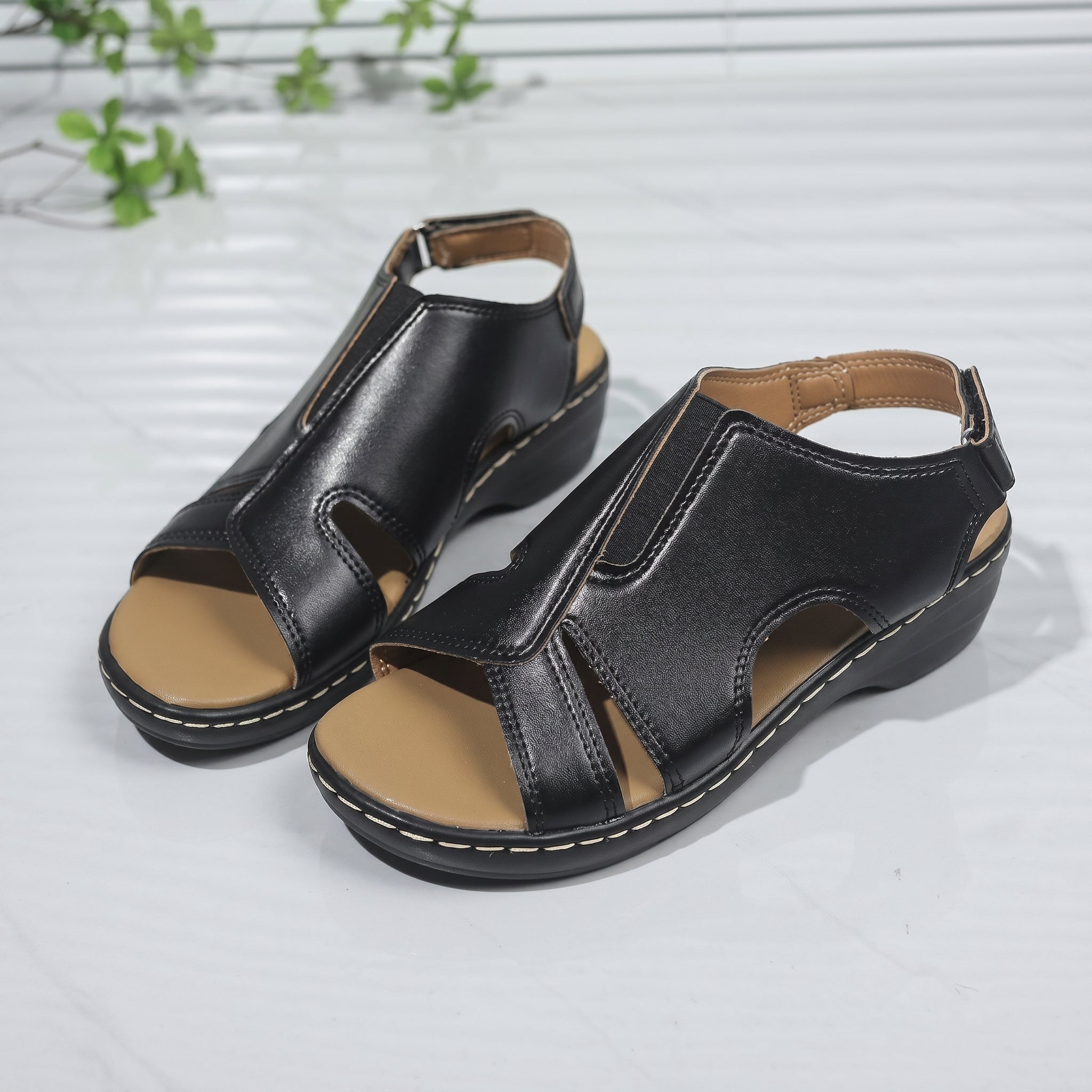 Louise - Women's Orthopaedic Cut-Out Wedge Sandals - Sandals - Black - Davies & Cooper