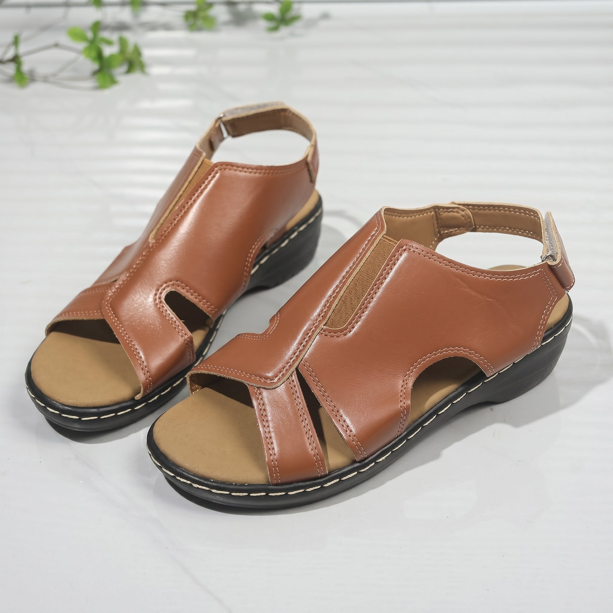 Louise - Women's Orthopaedic Cut-Out Wedge Sandals - Sandals - Brown - Davies & Cooper