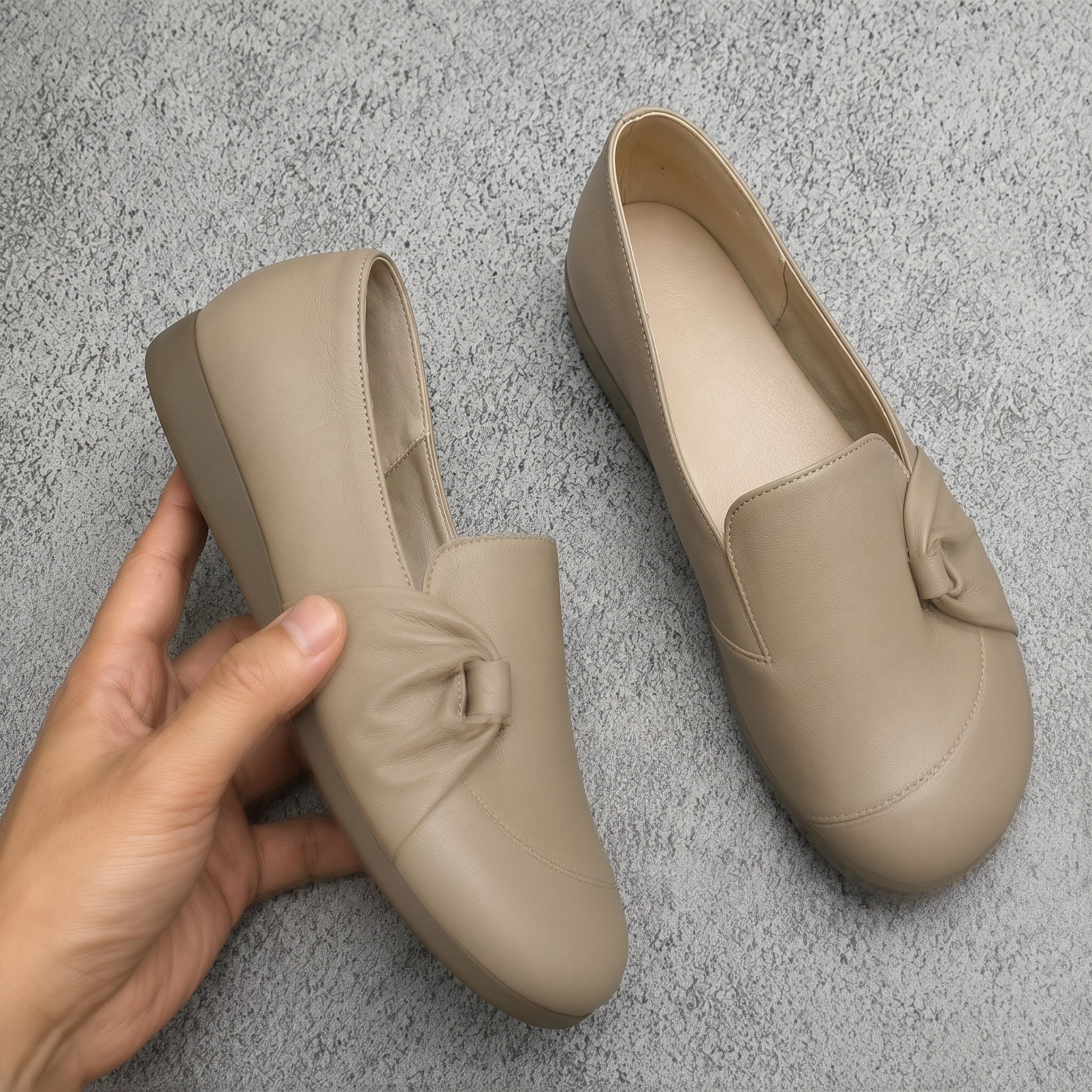 Louise - Women's Round Toe Loafers with Bow Detail - Shoes - Beige - Davies & Cooper