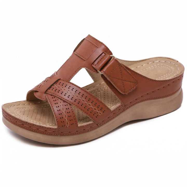 Luisa - Women's Orthopaedic Open Toe Cut - Out Wedge Sandals - Sandals - Brown - Davies & Cooper