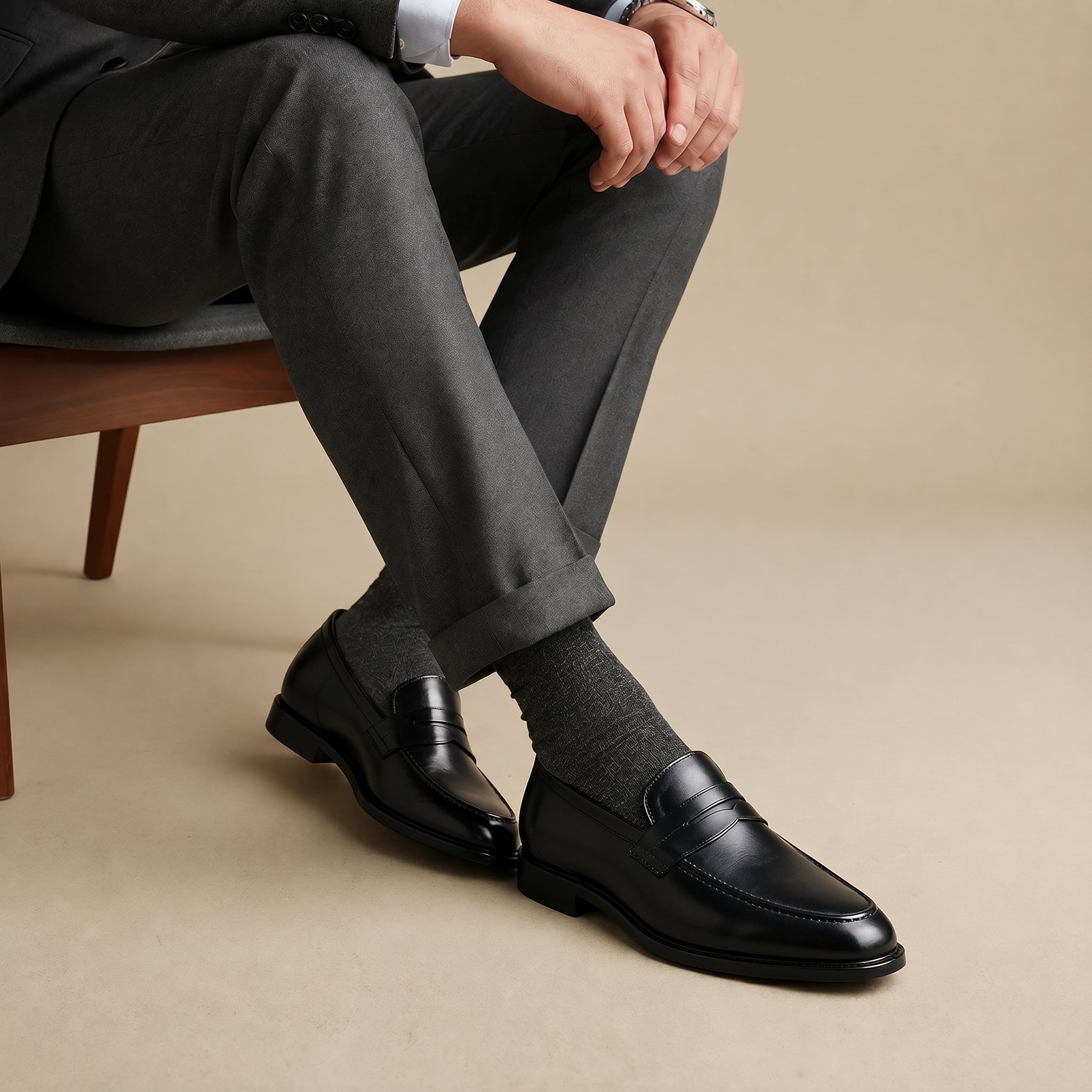 Lukas - Men's Round Toe Wedding Penny Loafers - Shoes - Black - Davies & Cooper