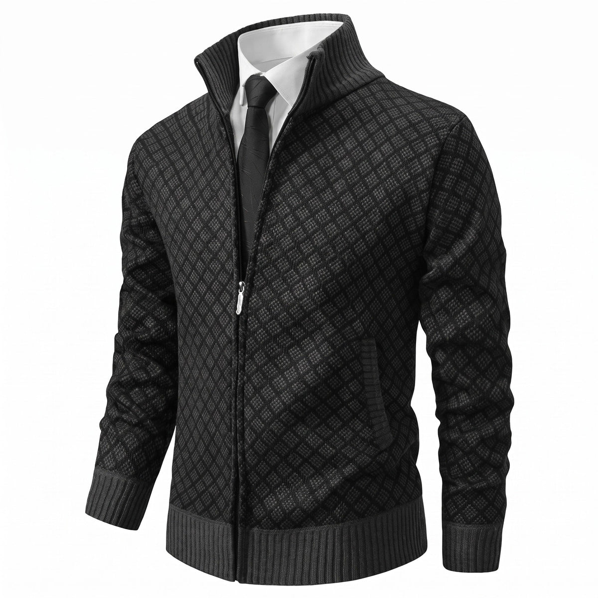 Manuel - Men's Quilted Diamond Knit Zip-Up Jacket with Stand Collar - Coats & Jackets - Black - Davies & Cooper