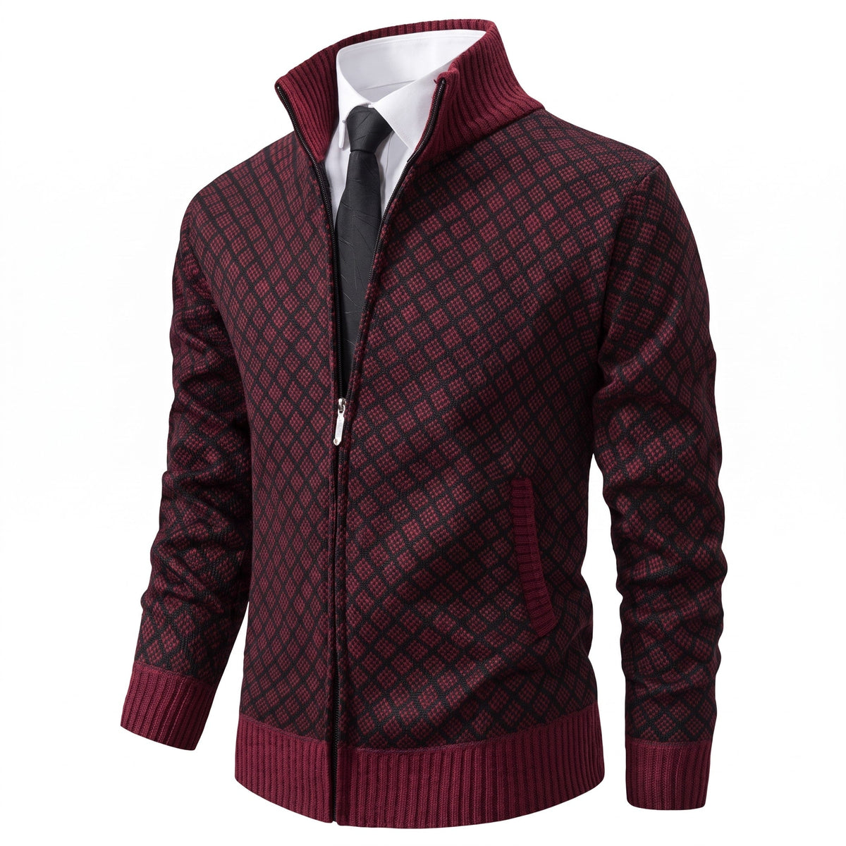 Manuel - Men's Quilted Diamond Knit Zip-Up Jacket with Stand Collar - Coats & Jackets - Burgundy - Davies & Cooper