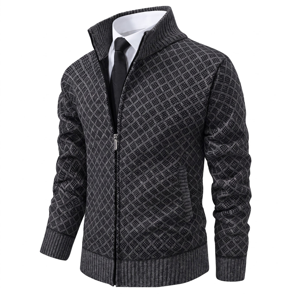 Manuel - Men's Quilted Diamond Knit Zip-Up Jacket with Stand Collar - Coats & Jackets - Dark Grey - Davies & Cooper