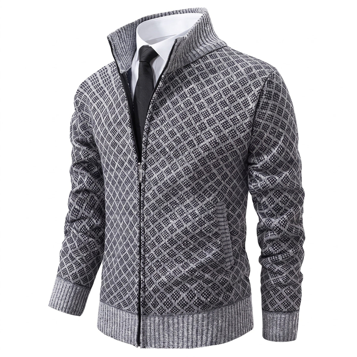 Manuel - Men's Quilted Diamond Knit Zip-Up Jacket with Stand Collar - Coats & Jackets - Grey - Davies & Cooper