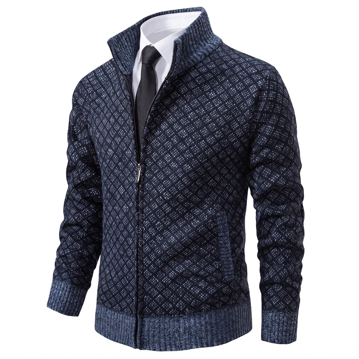 Manuel - Men's Quilted Diamond Knit Zip-Up Jacket with Stand Collar - Coats & Jackets - Blue - Davies & Cooper