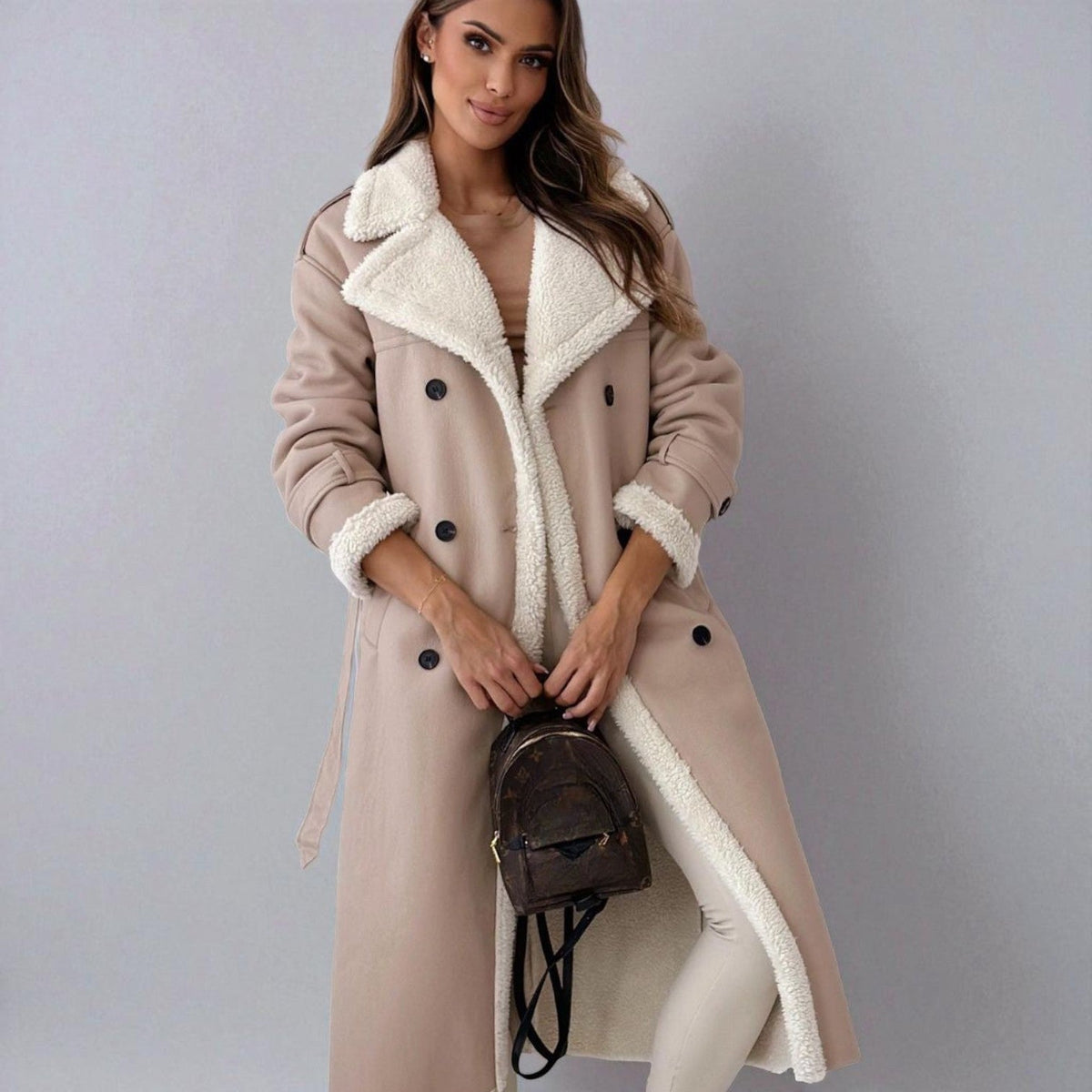 Mara – Long Teddy Winter Coat with Belt - Winter coat - Khaki - Davies & Cooper