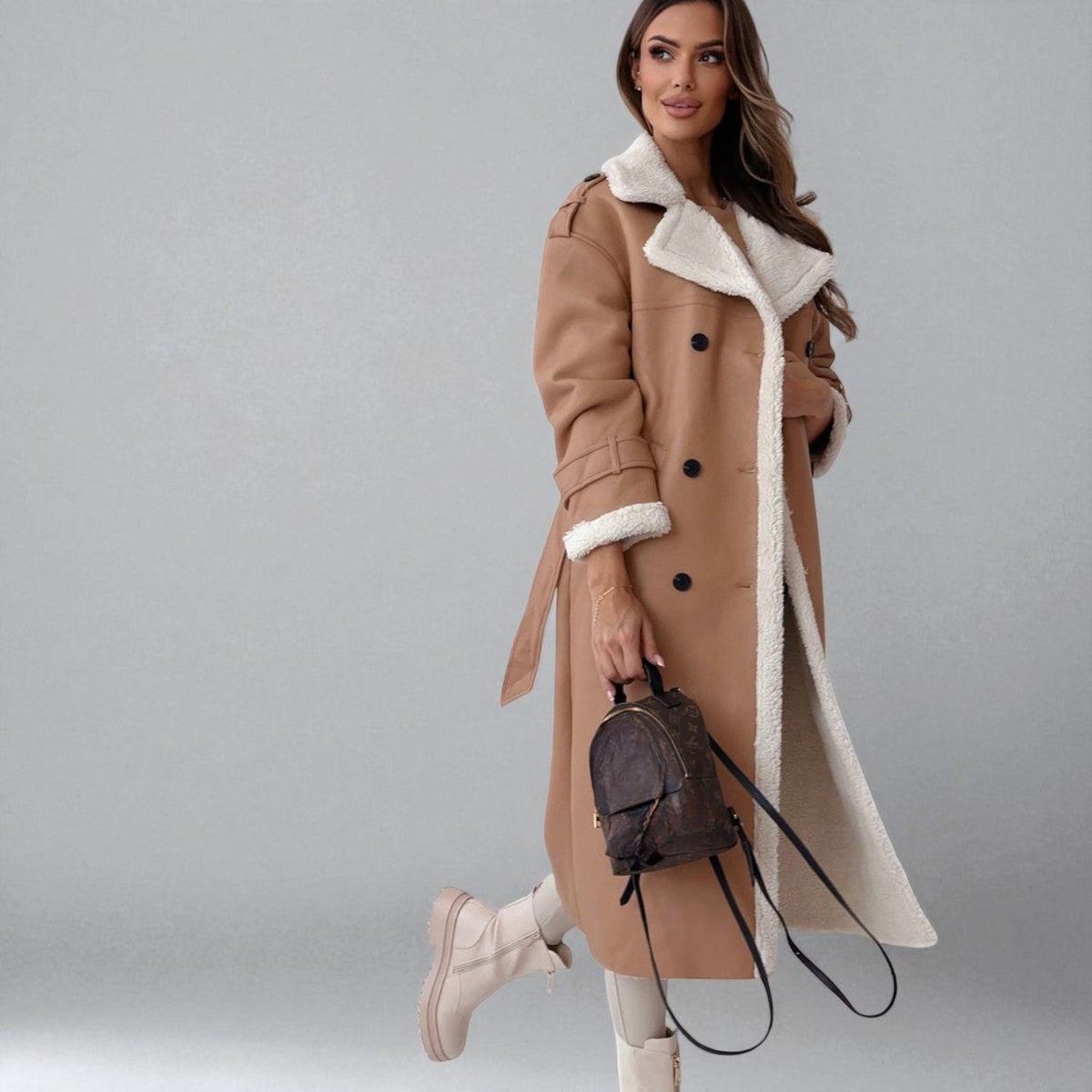 Mara – Long Teddy Winter Coat with Belt - Winter coat - Apricot - Davies & Cooper