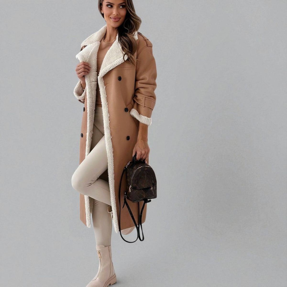 Mara – Long Teddy Winter Coat with Belt - Winter coat - Apricot - Davies & Cooper