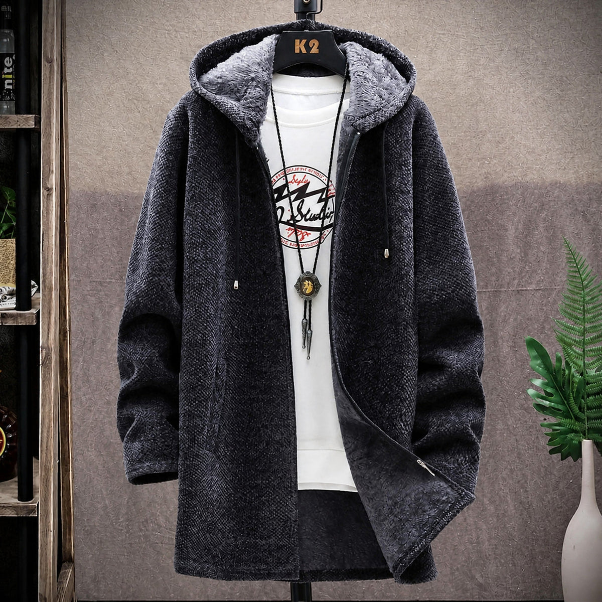 Marcel - Men's Hooded Longline Knit Jacket with Soft Lining - Coats & Jackets - Dark Grey - Davies & Cooper