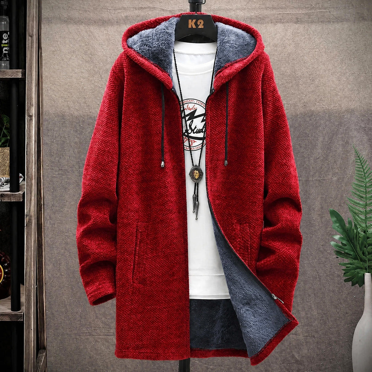 Marcel - Men's Hooded Longline Knit Jacket with Soft Lining - Coats & Jackets - Red - Davies & Cooper