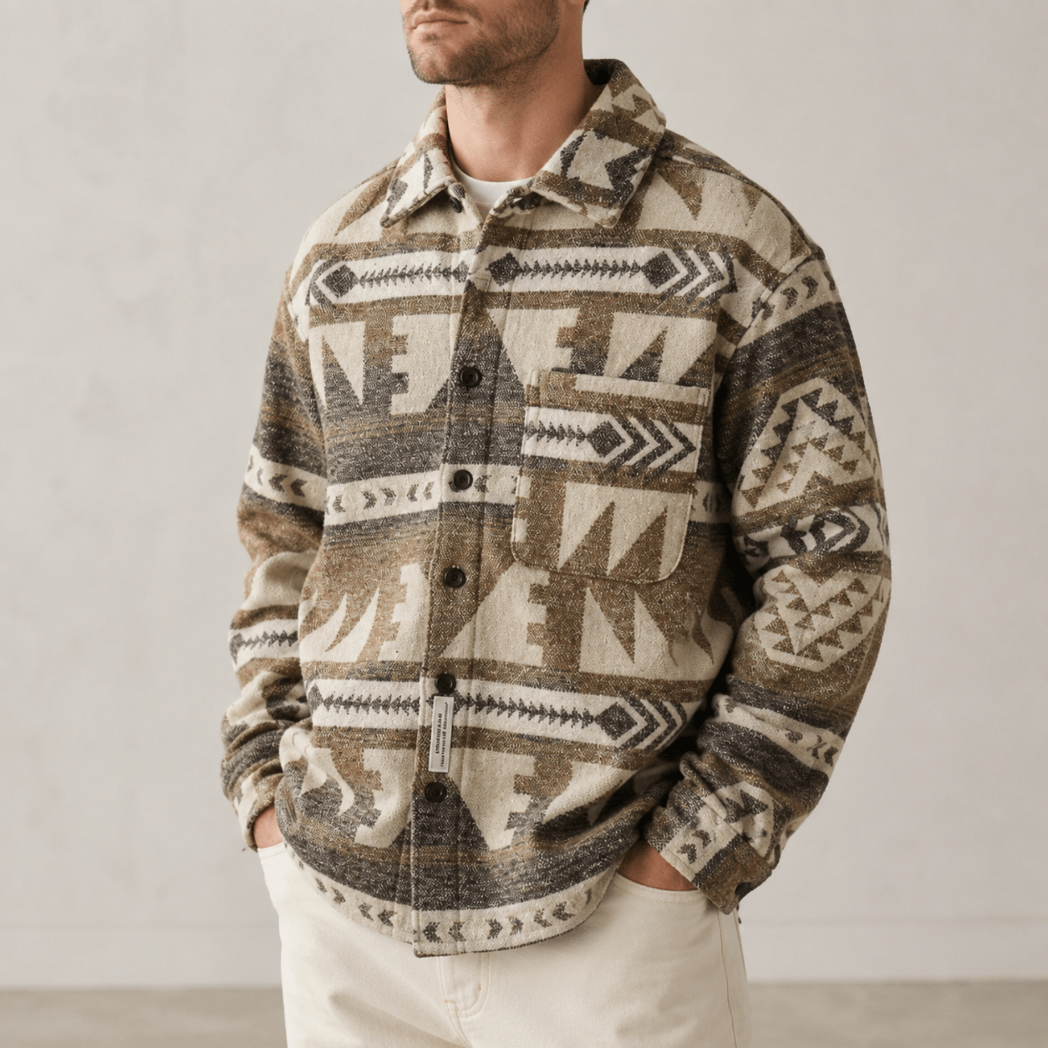 Marcus - Men's Aztec Print Jacket with Chest Pocket - Coats & Jackets - Light Brown - Davies & Cooper