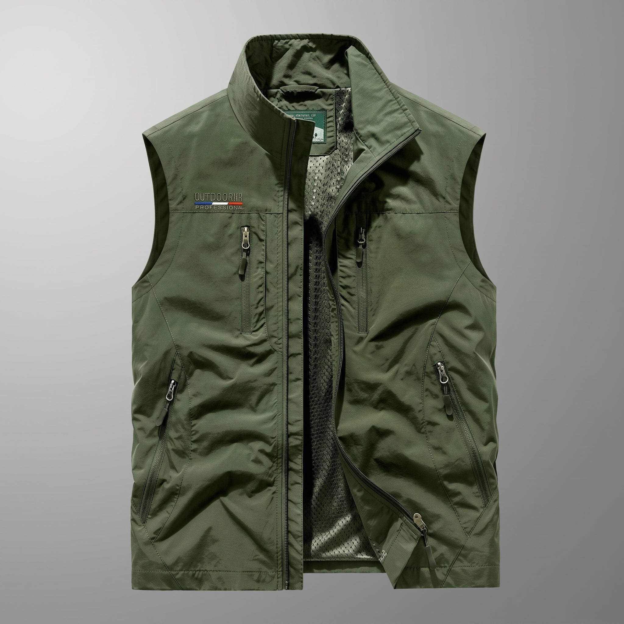 Marcus - Men's Funnel Neck Zip-Up Utility Gilet with Multiple Pockets - Vests - Green - Davies & Cooper