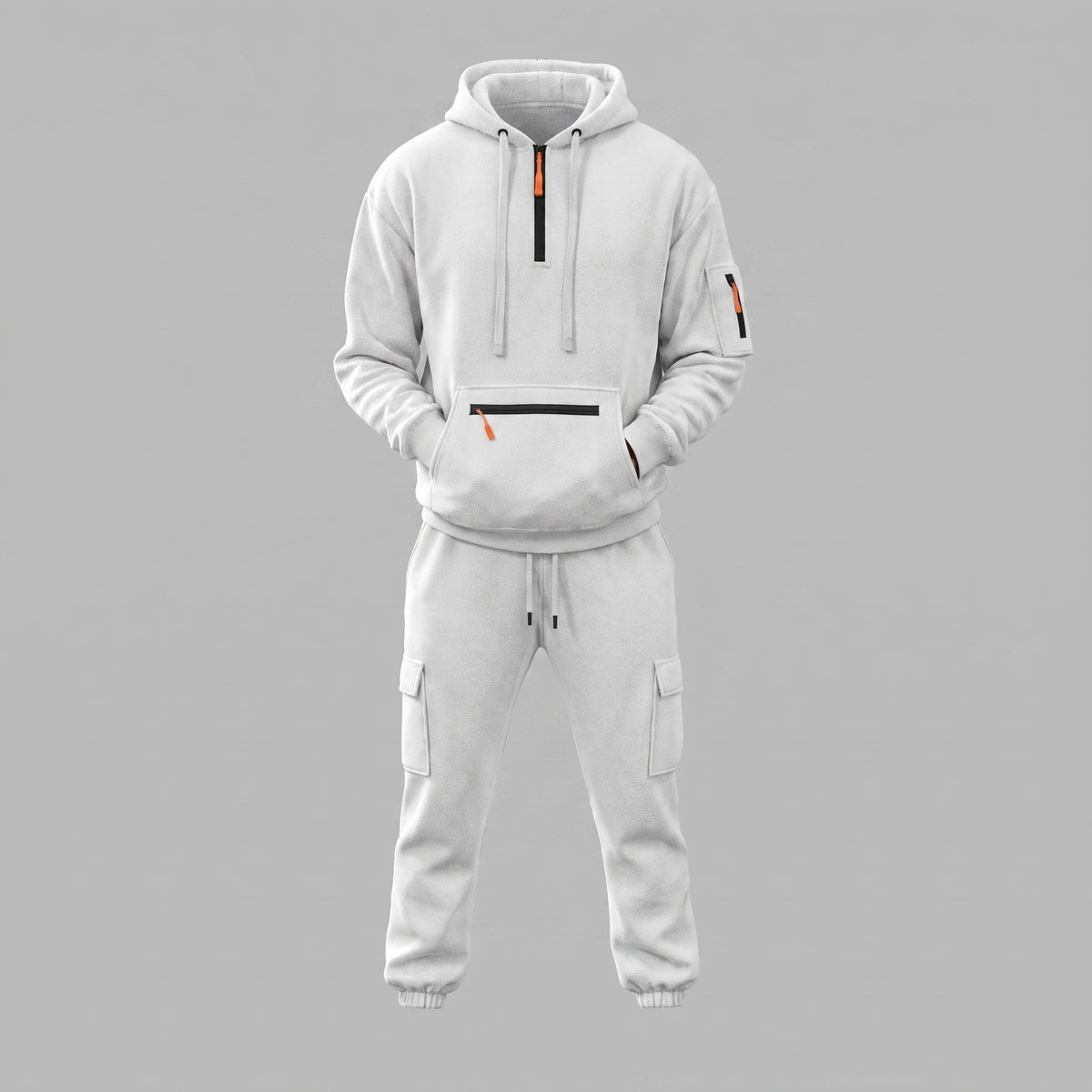 Marcus - Men's Half-Zip Hooded Tracksuit Set with Cargo Joggers - Outfit Sets - White - Davies & Cooper