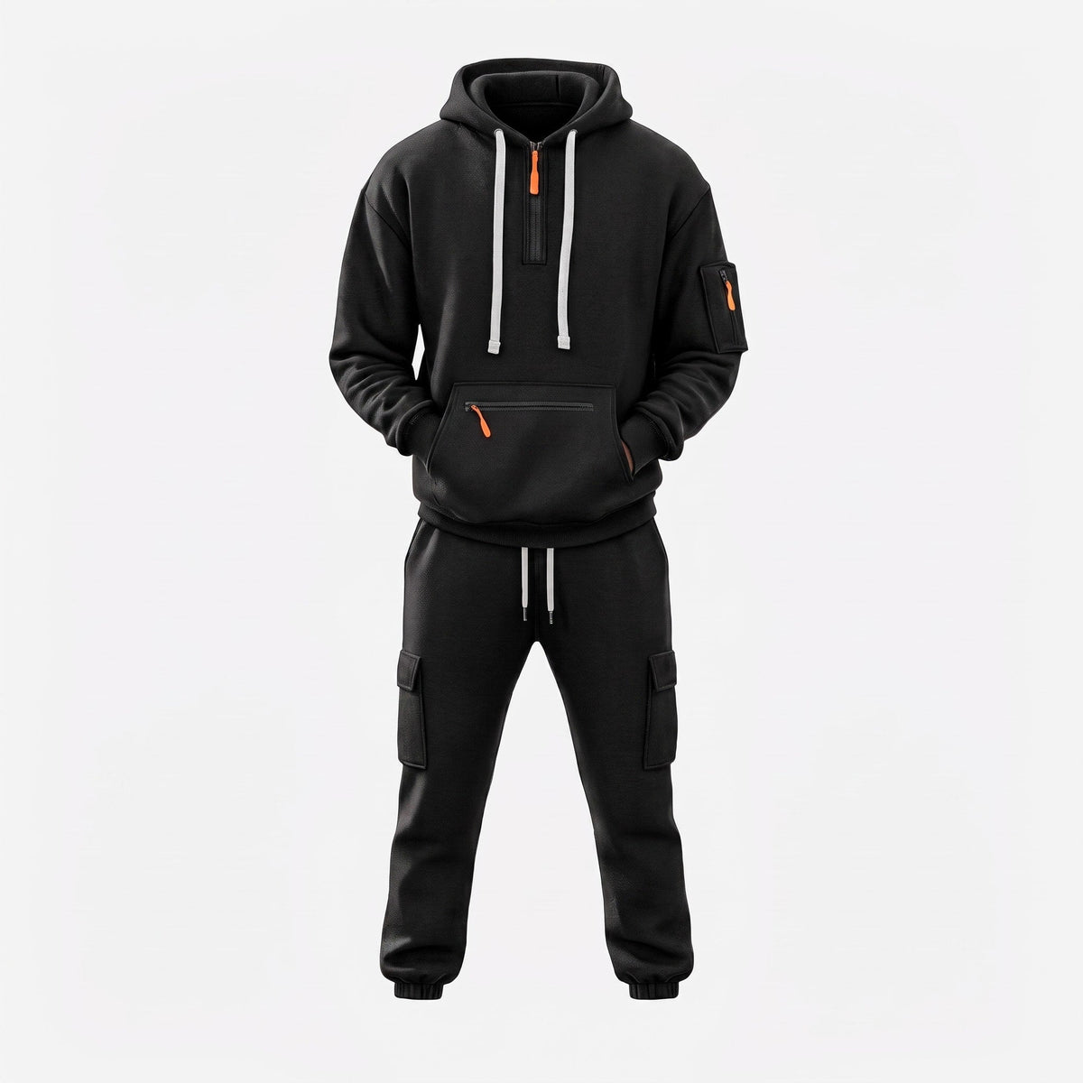 Marcus - Men's Half-Zip Hooded Tracksuit Set with Cargo Joggers - Outfit Sets - Black - Davies & Cooper