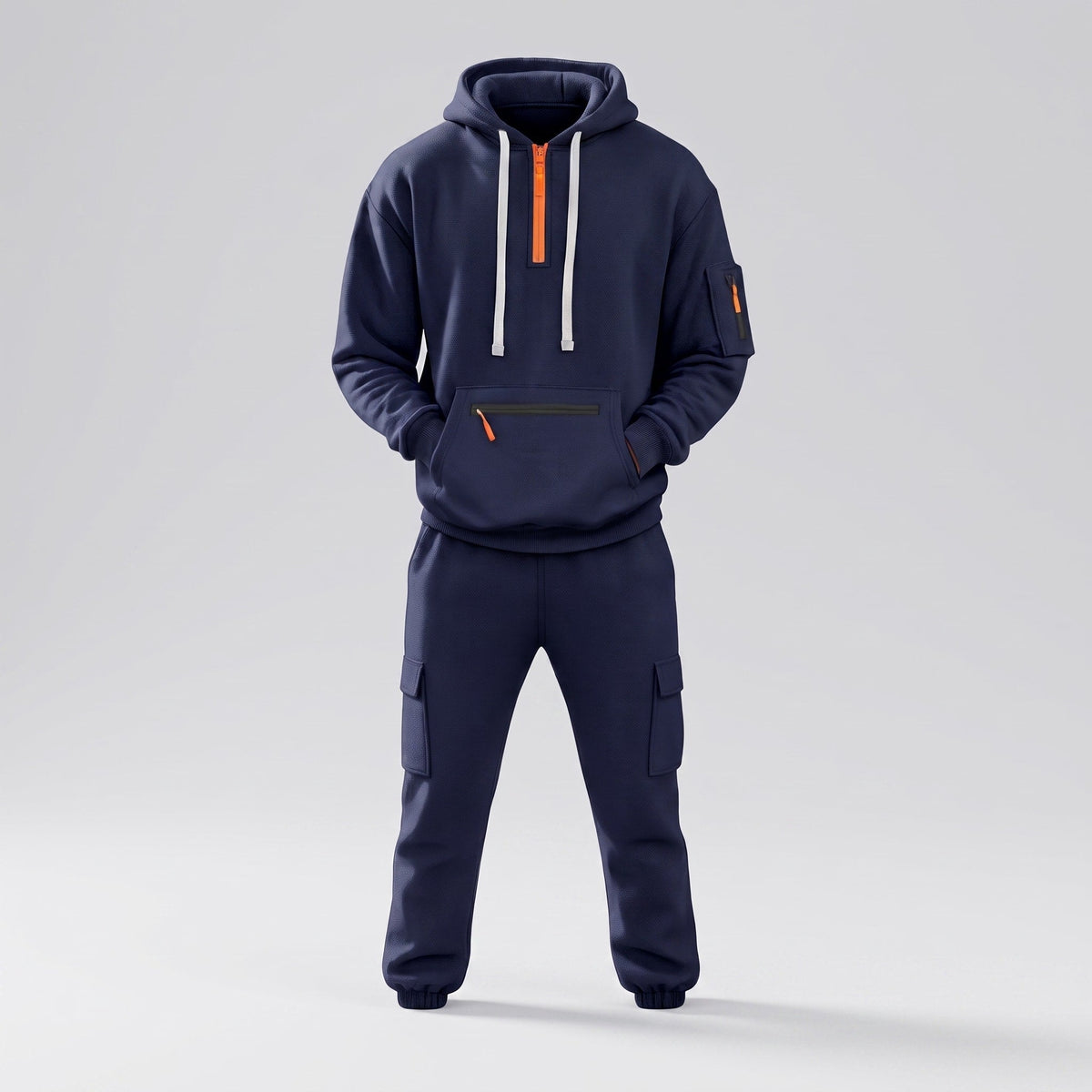 Marcus - Men's Half-Zip Hooded Tracksuit Set with Cargo Joggers - Outfit Sets - Navy Blue - Davies & Cooper