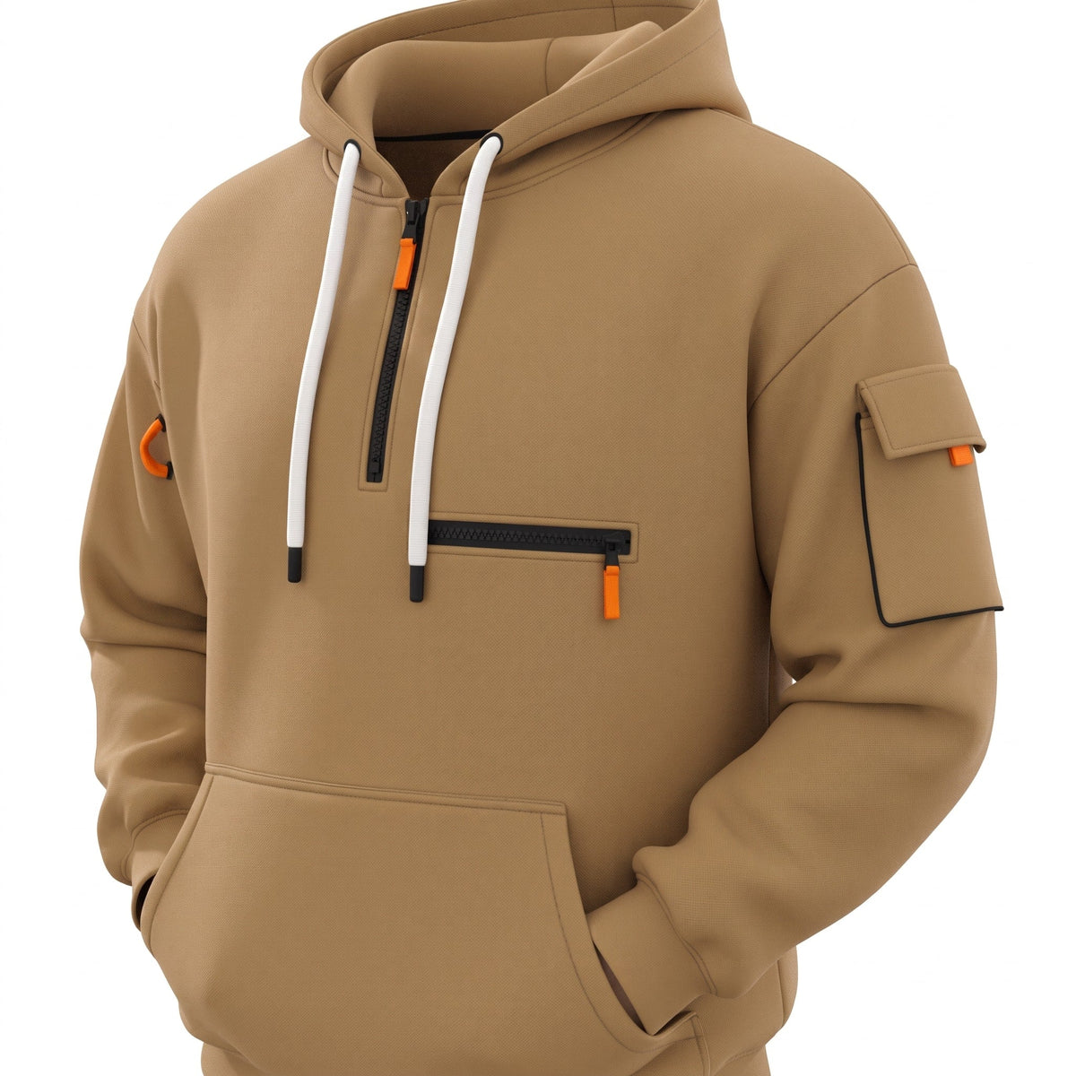Marcus - Men's Half-Zip Hooded Tracksuit Set with Cargo Joggers - Outfit Sets - Khaki - Davies & Cooper