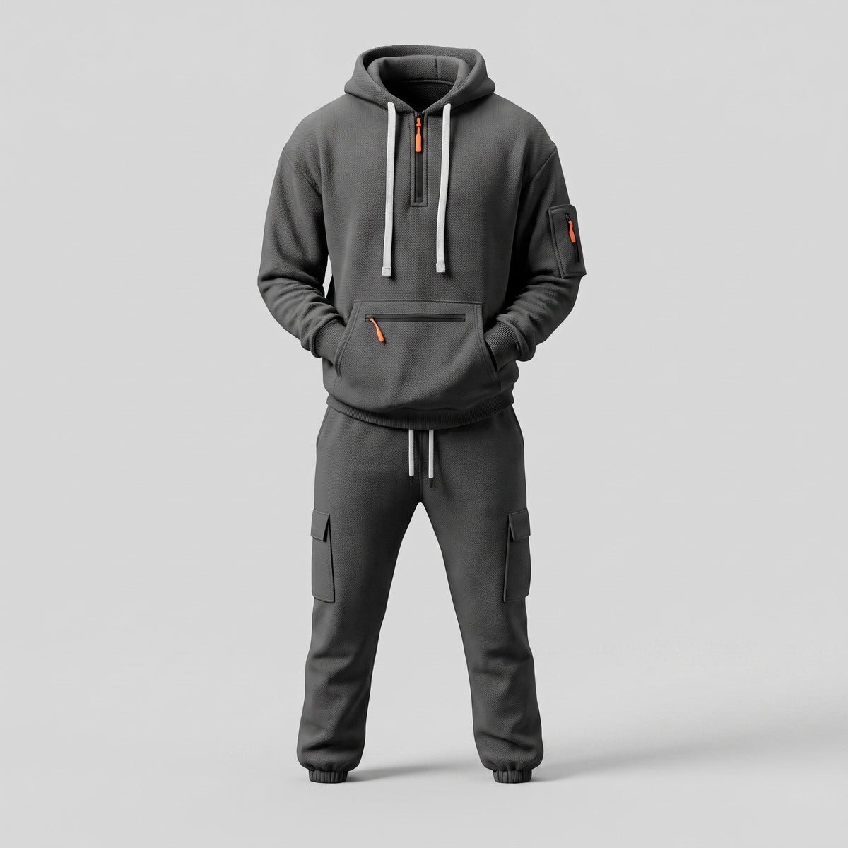 Marcus - Men's Half-Zip Hooded Tracksuit Set with Cargo Joggers - Outfit Sets - Dark Grey - Davies & Cooper