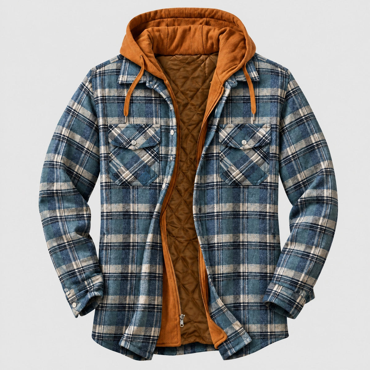 Marcus - Men's Hooded Check Jacket with Quilted Lining - Coats & Jackets - Blue - Davies & Cooper