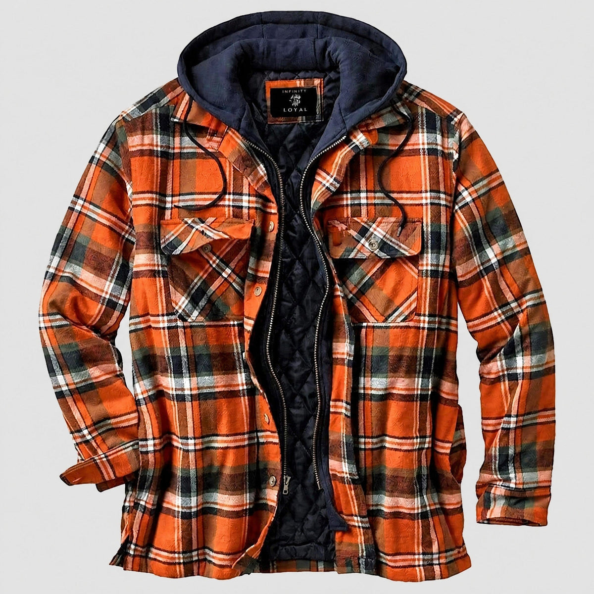 Marcus - Men's Hooded Check Jacket with Quilted Lining - Coats & Jackets - Orange - Davies & Cooper