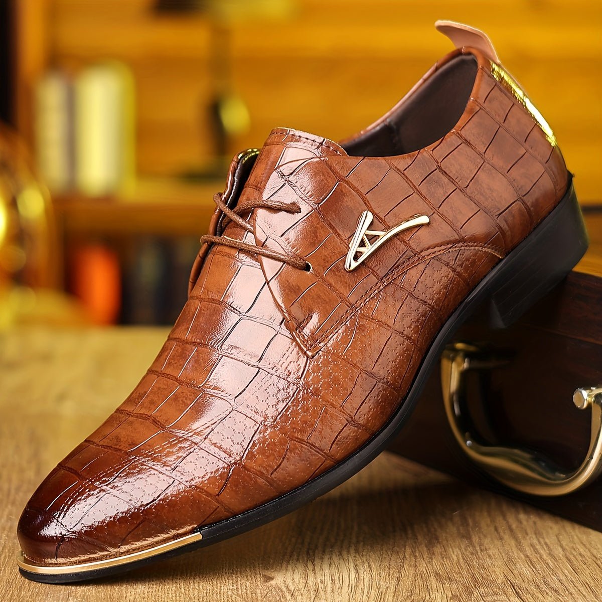 Marcus - Men's Lace-Up Derby Dress Shoes with Croc-Embossed Texture - Shoes - Brown - Davies & Cooper