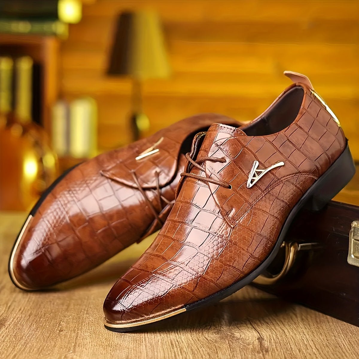 Marcus - Men's Lace-Up Derby Dress Shoes with Croc-Embossed Texture - Shoes - Brown - Davies & Cooper