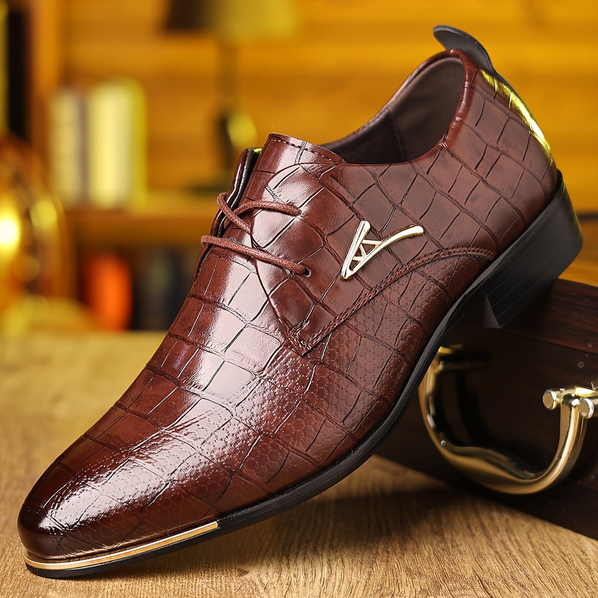 Marcus - Men's Lace-Up Derby Dress Shoes with Croc-Embossed Texture - Shoes - Dark Brown - Davies & Cooper