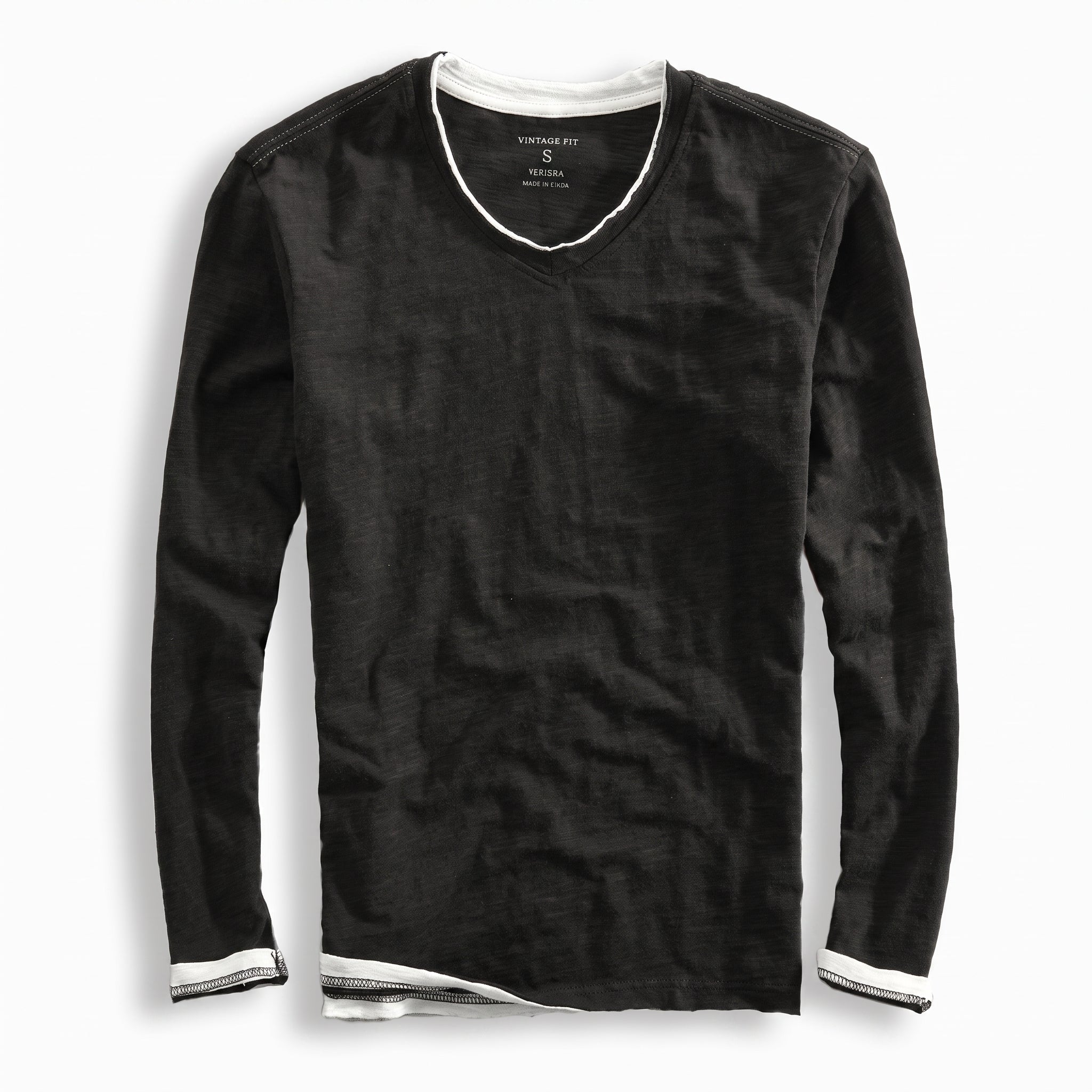 Marcus - Men's Layered V-Neck Long Sleeve T-Shirt with Contrast Trim - T-Shirts - Black - Davies & Cooper