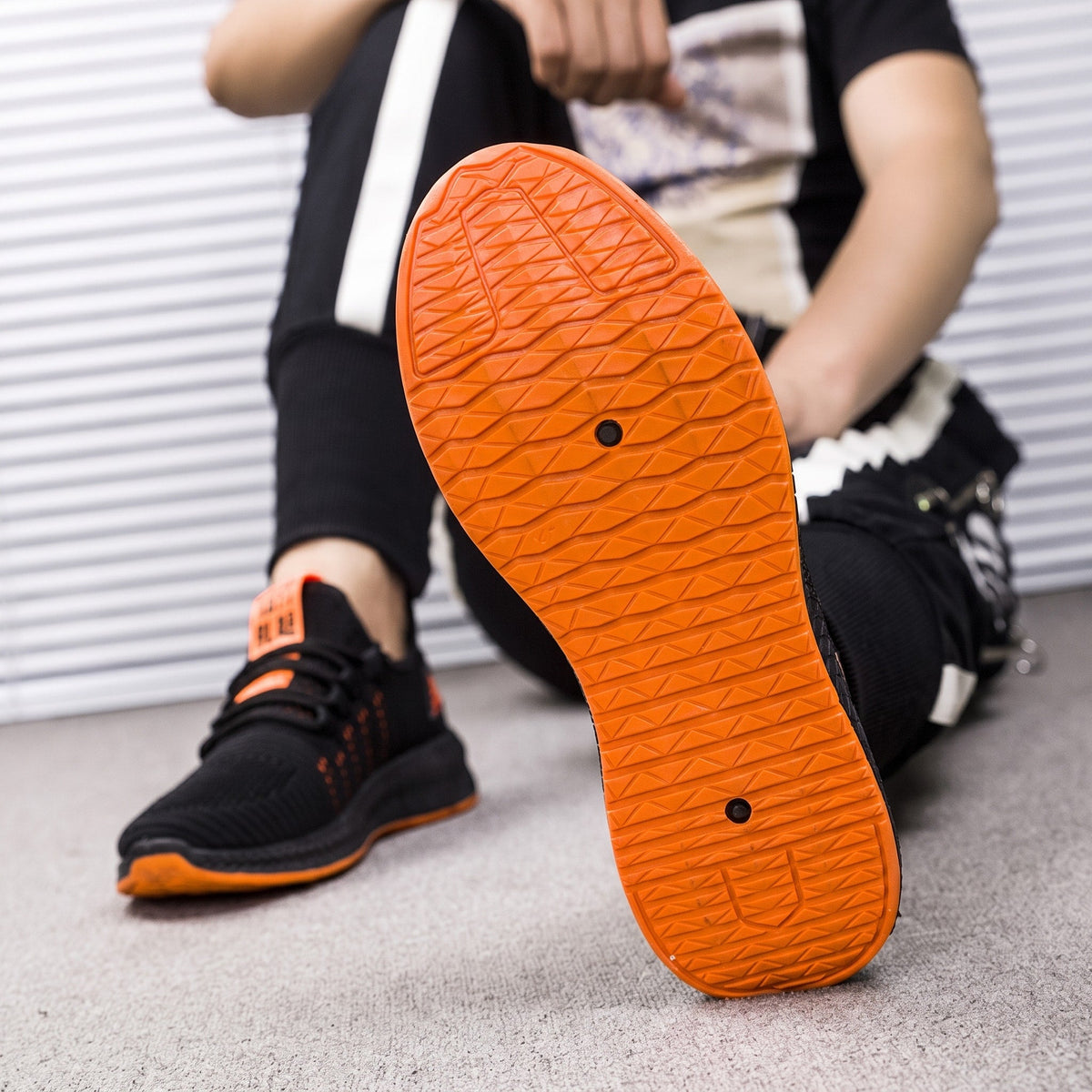 Marcus - Men's Lightweight Knit Trainers with Lace-Up Closure and Contrast Sole - Sneakers - Orange - Davies & Cooper
