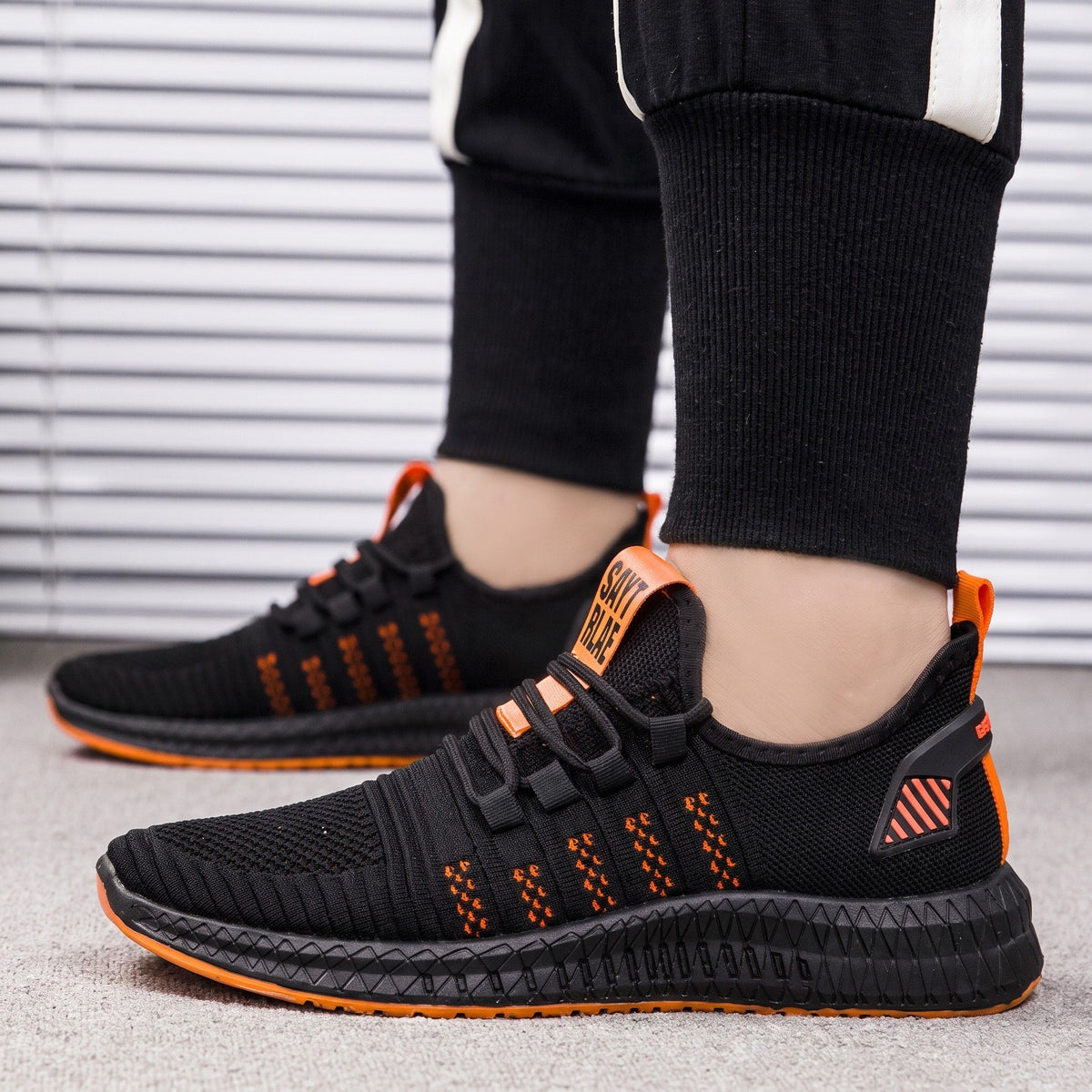 Marcus - Men's Lightweight Knit Trainers with Lace-Up Closure and Contrast Sole - Sneakers - Orange - Davies & Cooper