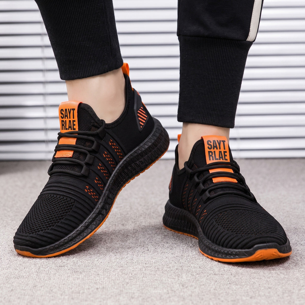 Marcus - Men's Lightweight Knit Trainers with Lace-Up Closure and Contrast Sole - Sneakers - Orange - Davies & Cooper