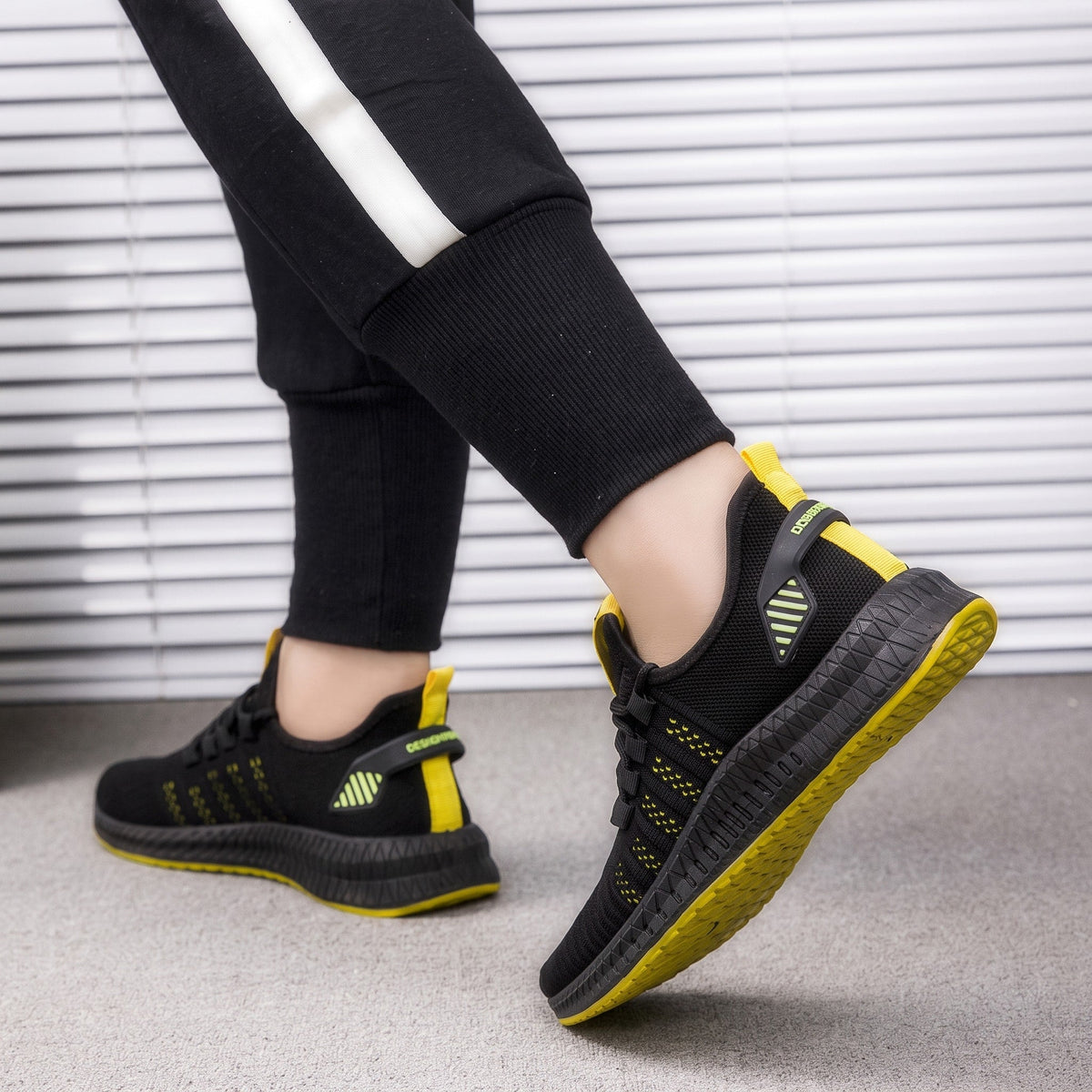 Marcus - Men's Lightweight Knit Trainers with Lace-Up Closure and Contrast Sole - Sneakers - Yellow - Davies & Cooper