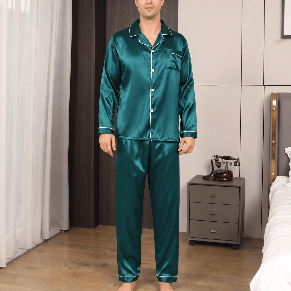 Marcus - Men's Long Sleeve Button-Front Pyjama Set with Contrast Piping - Pajamas - Green - Davies & Cooper