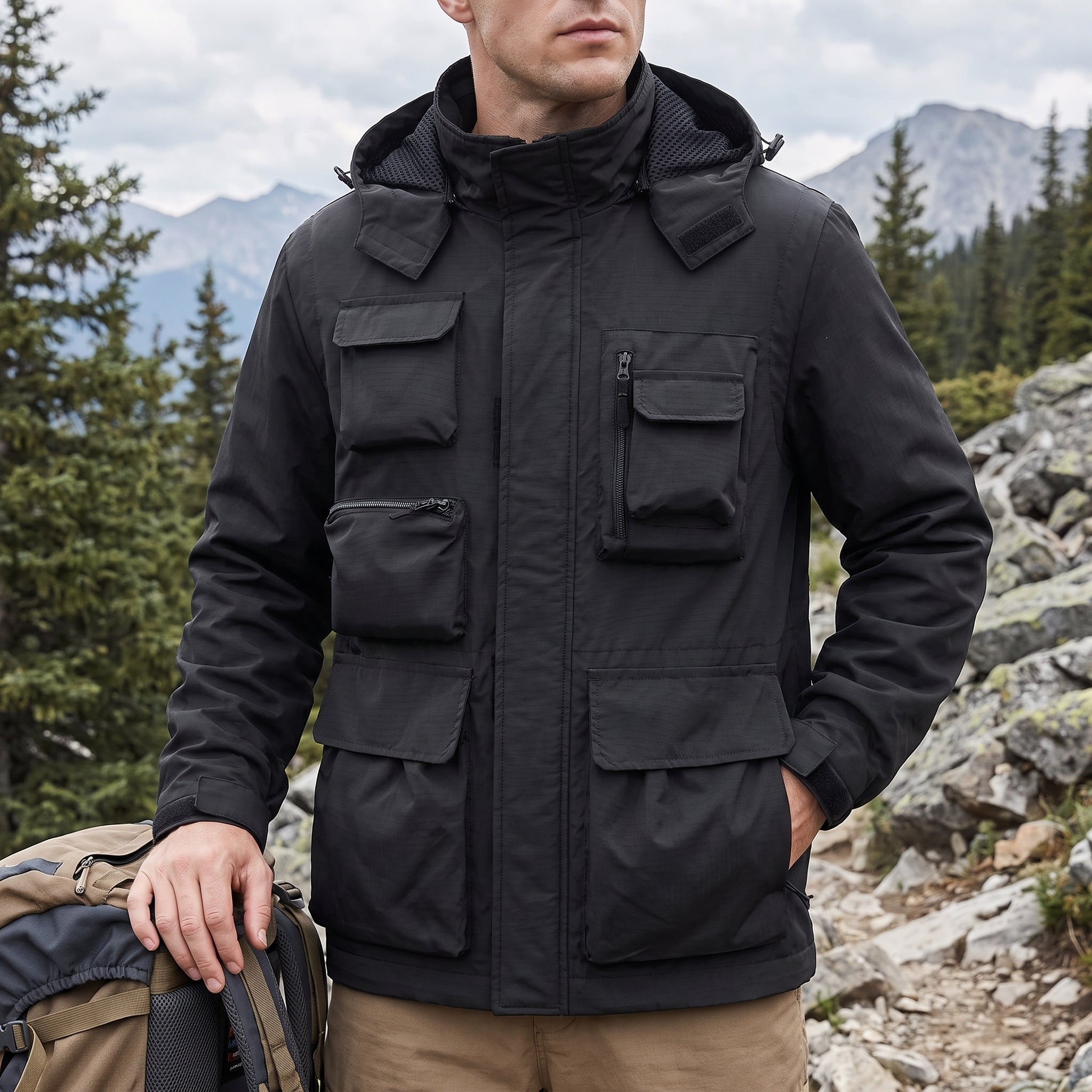 Marcus - Men's Multi-Pocket Hooded Utility Jacket - Coats & Jackets - Black - Davies & Cooper