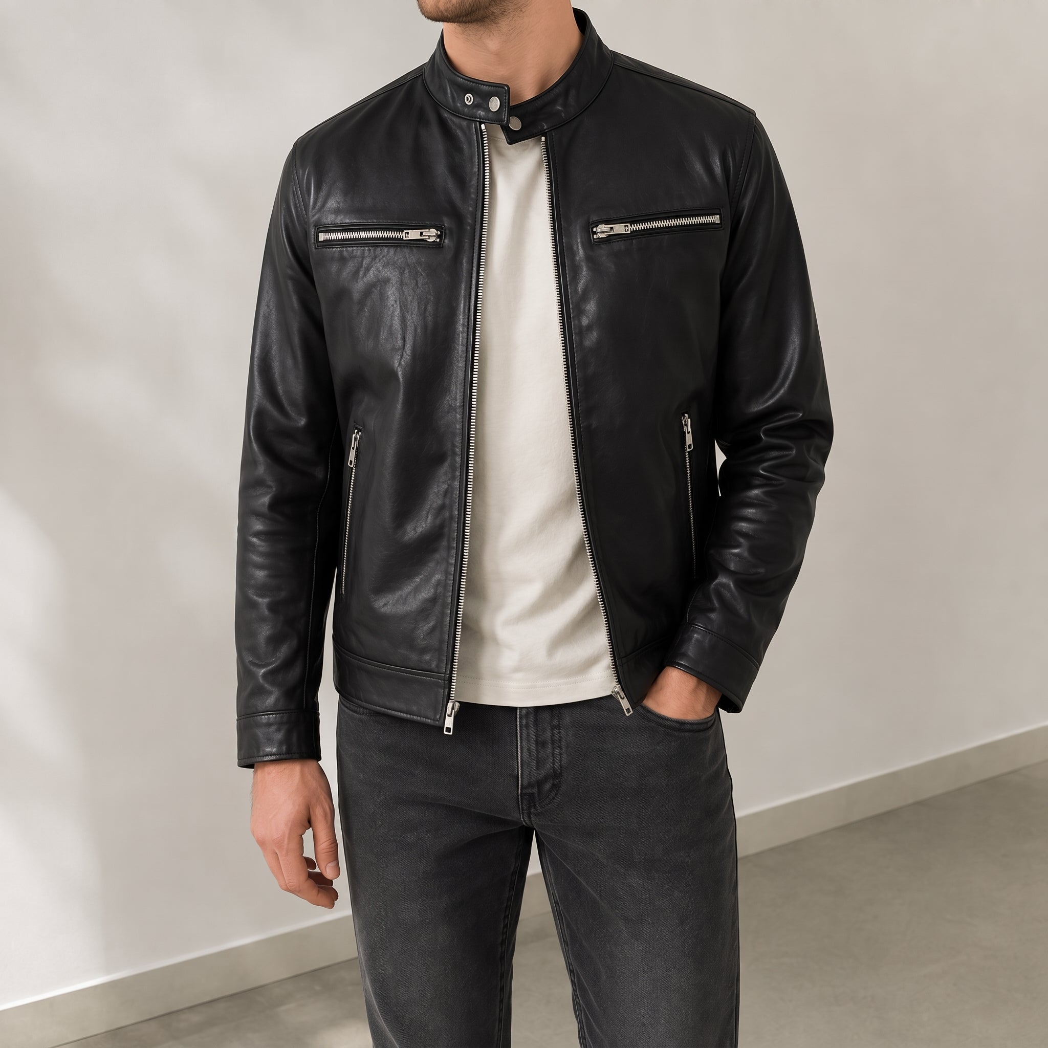 Marcus - Men's Outer Jacket with Quilted Collar and Zip Pockets - Sport Jackets - Black - Davies & Cooper