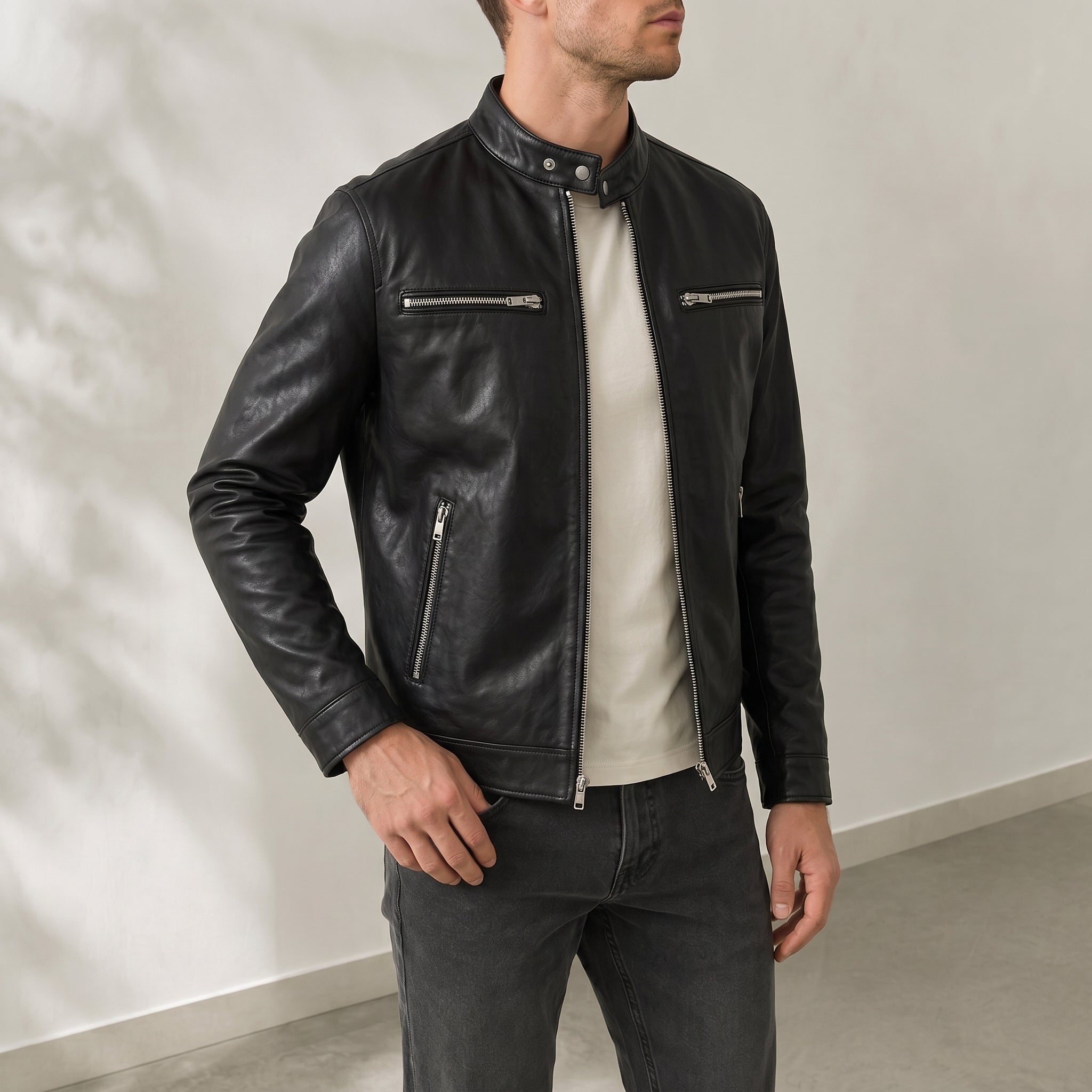 Marcus - Men's Outer Jacket with Quilted Collar and Zip Pockets - Sport Jackets - Black - Davies & Cooper