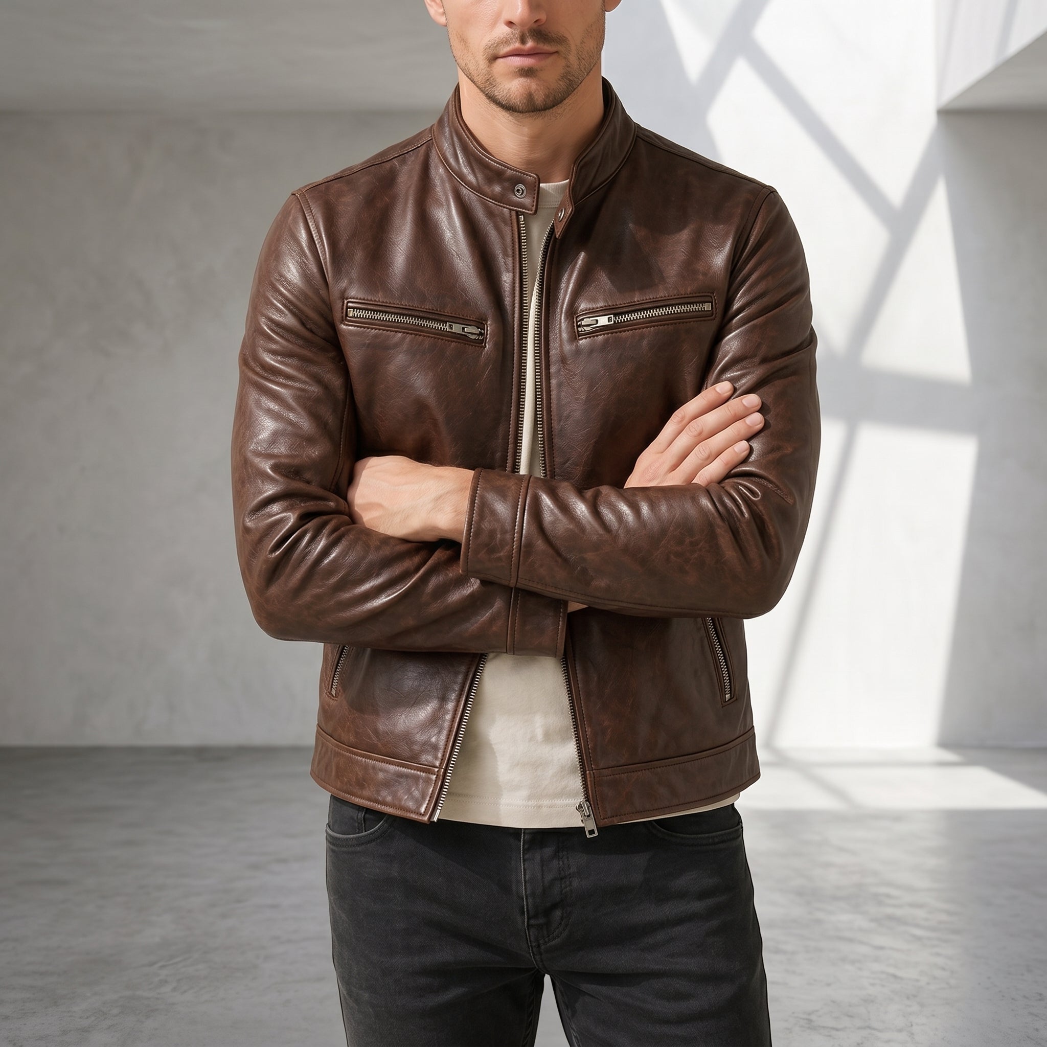 Marcus - Men's Outer Jacket with Quilted Collar and Zip Pockets - Sport Jackets - Brown - Davies & Cooper