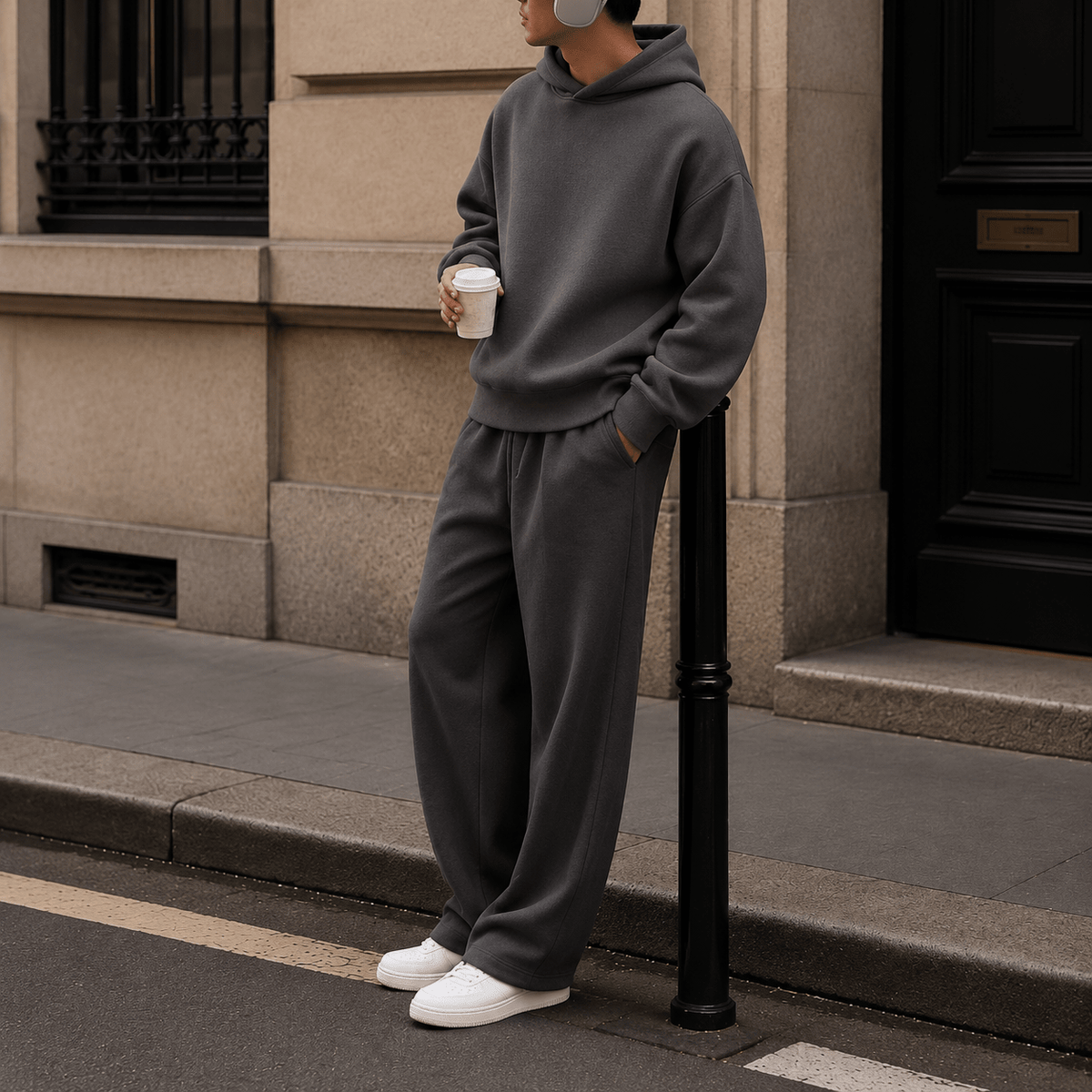 Marcus - Men's Oversized Hooded Tracksuit with Drawstring Joggers - Outfit Sets - Dark Grey - Davies & Cooper