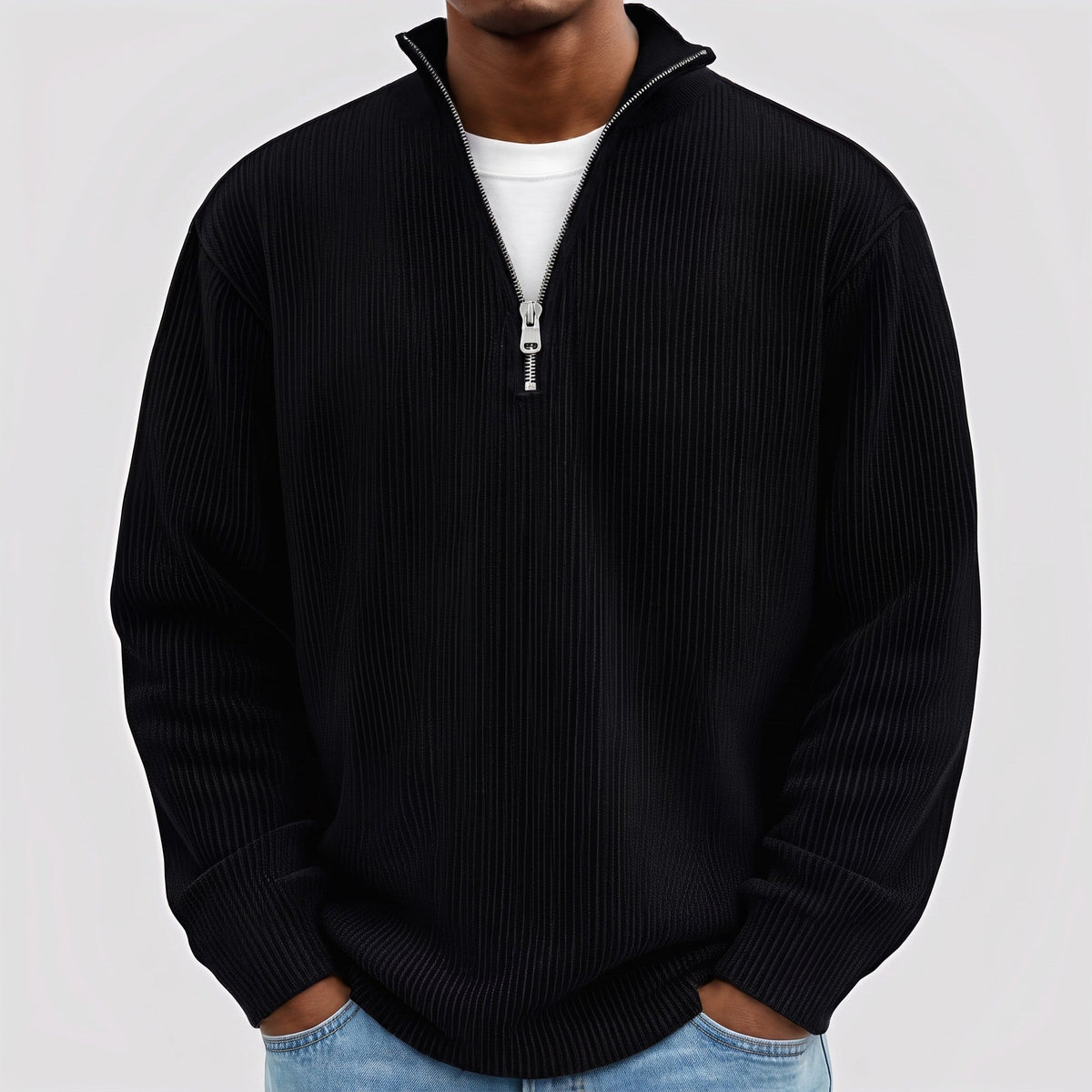 Marcus - Men's Quarter-Zip Ribbed Jumper with Standing Collar - Black - Davies & Cooper