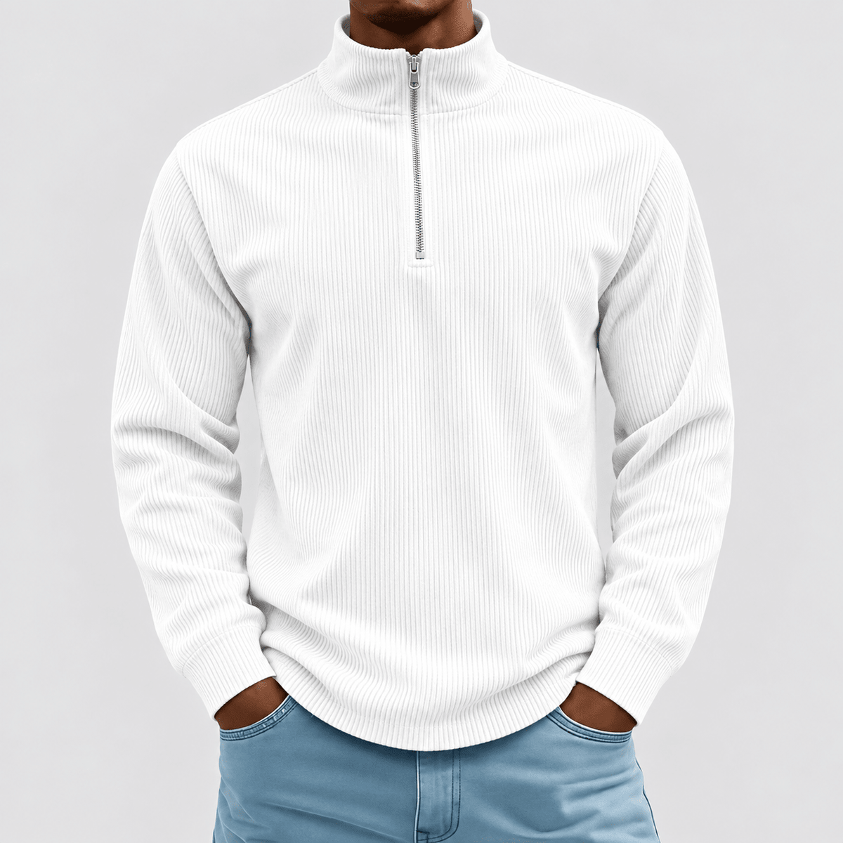 Marcus - Men's Quarter-Zip Ribbed Jumper with Standing Collar - White - Davies & Cooper