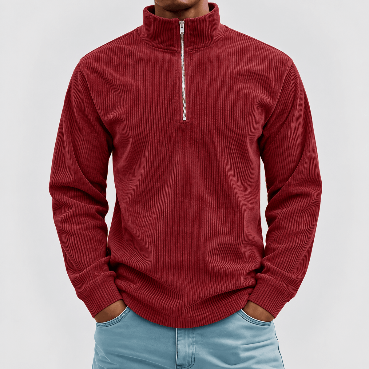Marcus - Men's Quarter-Zip Ribbed Jumper with Standing Collar - Red - Davies & Cooper