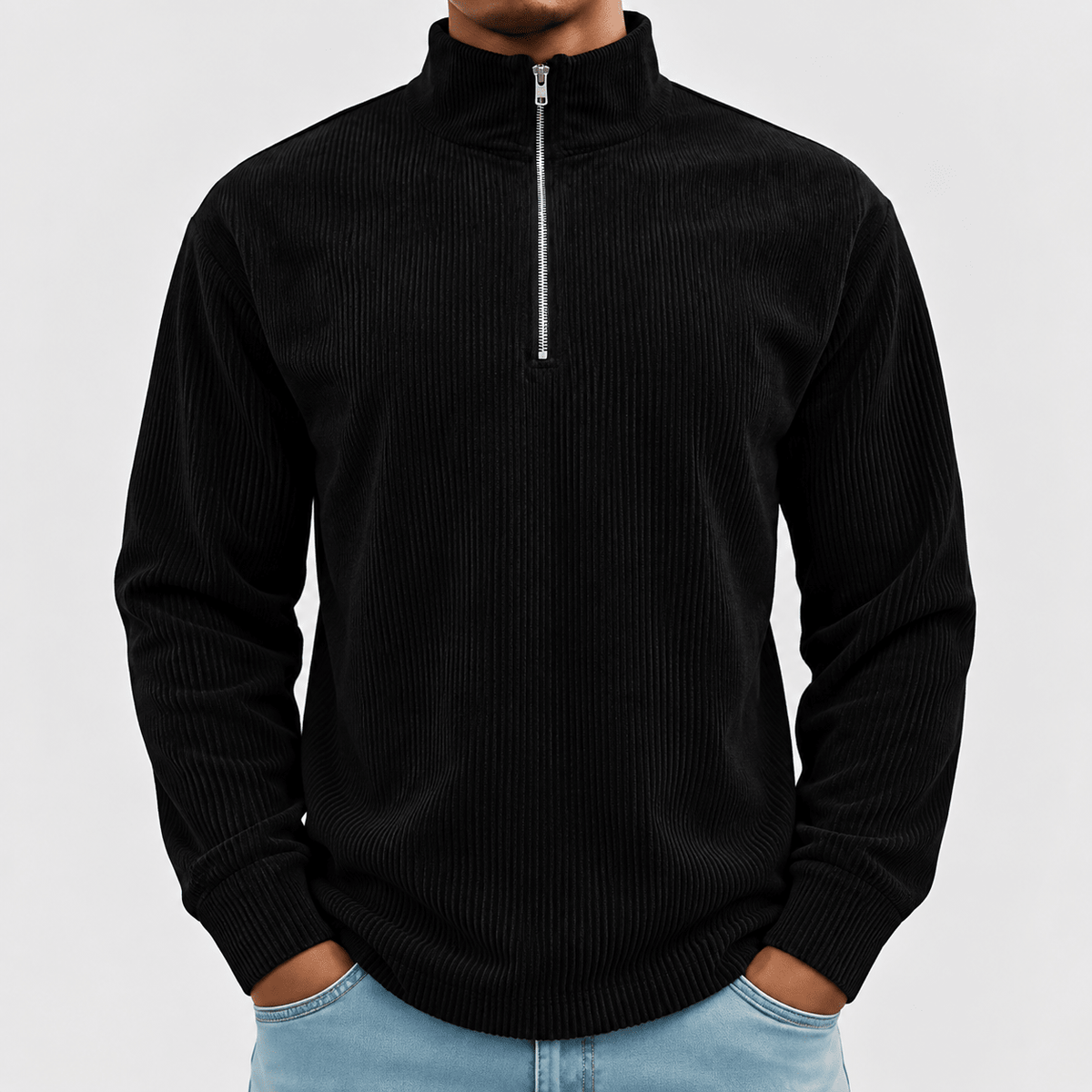 Marcus - Men's Quarter-Zip Ribbed Jumper with Standing Collar - Black - Davies & Cooper