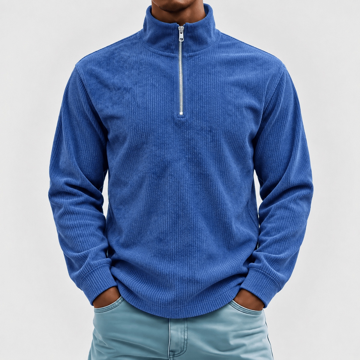 Marcus - Men's Quarter-Zip Ribbed Jumper with Standing Collar - Blue - Davies & Cooper